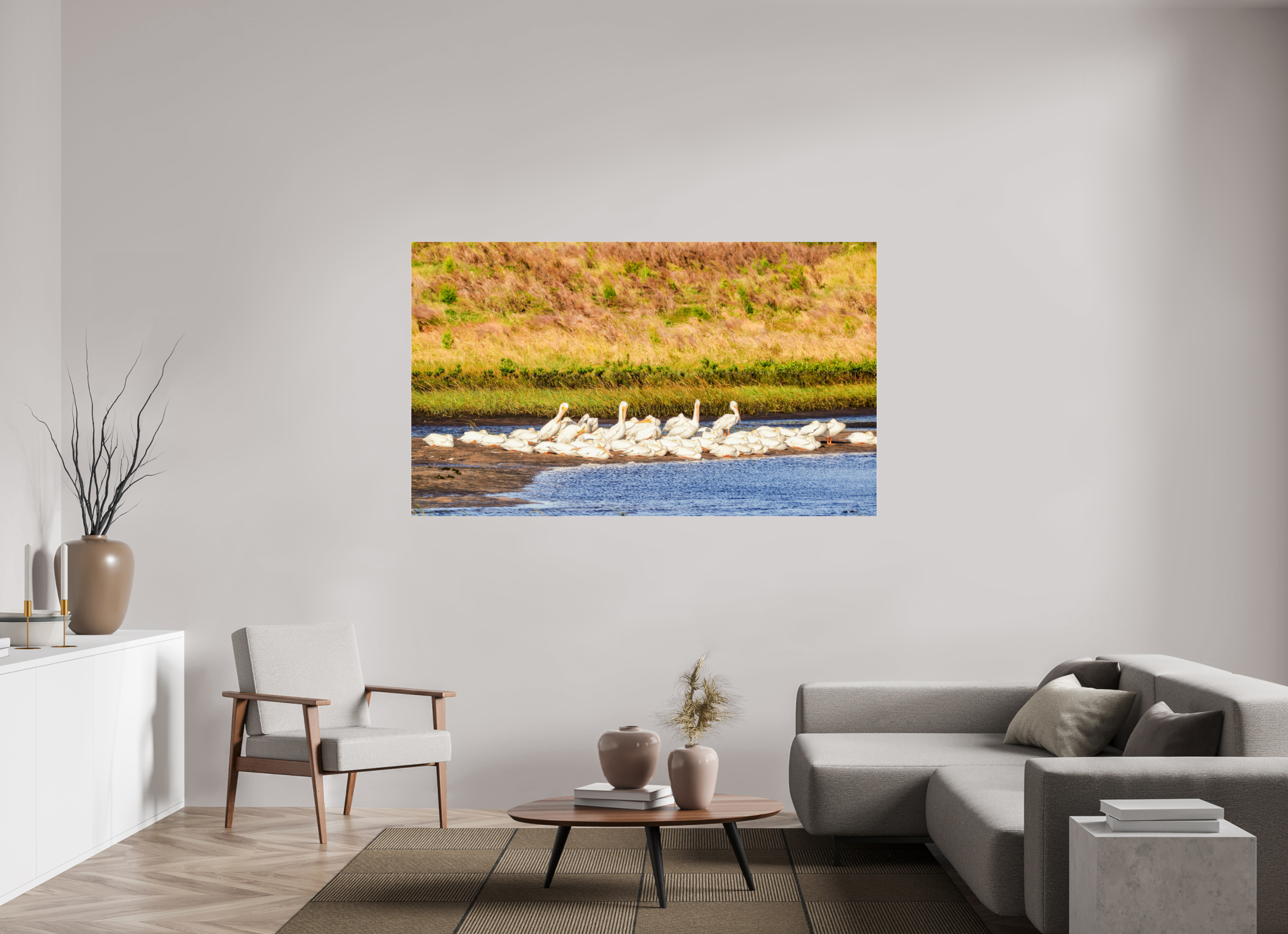 72.9 x 43″, Metallic Photo Print Under Acrylic Glass White Pelicans Golden Hour Gathering