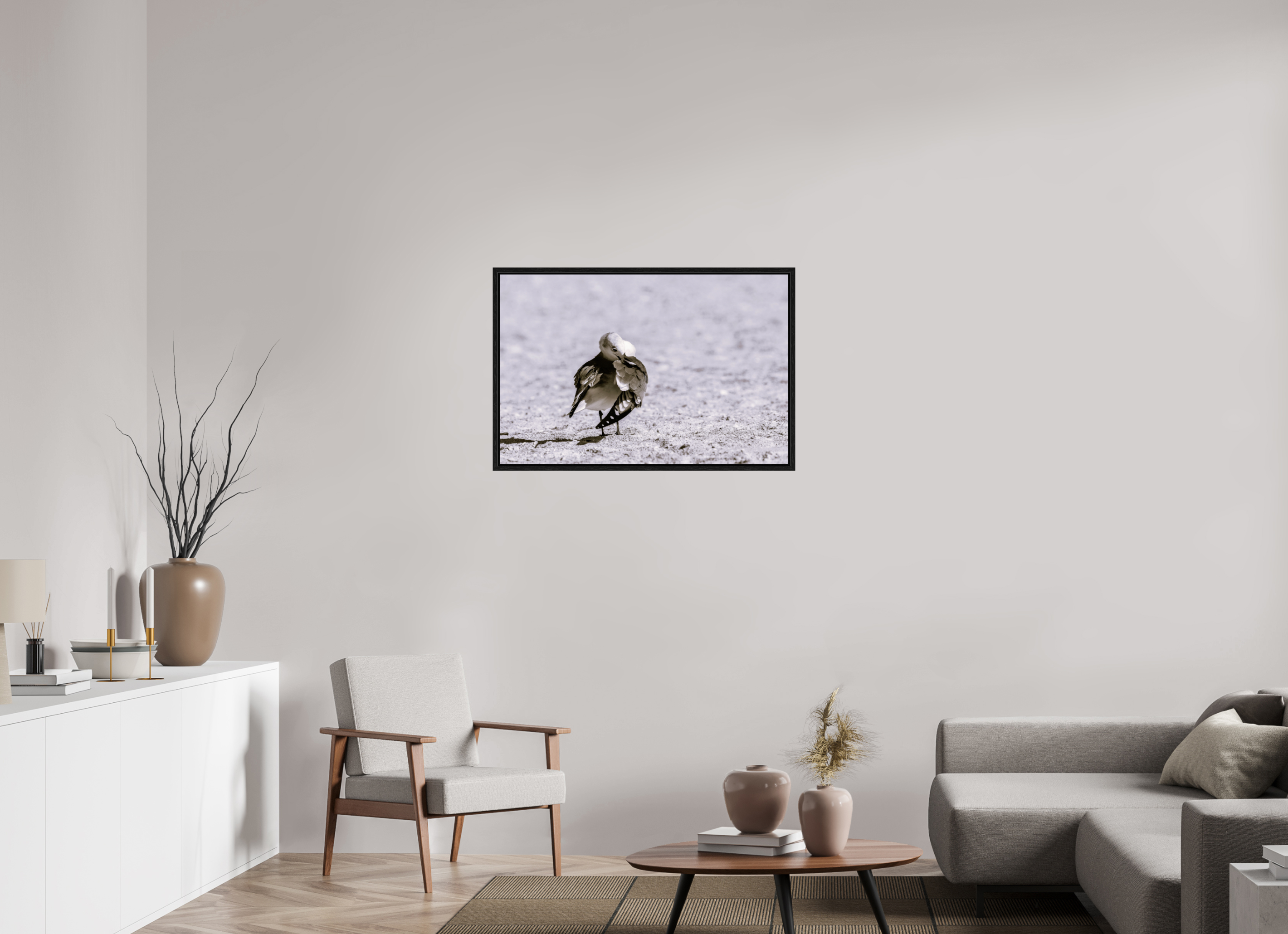 36.6 x 24″, Floater Frame A Monochrome Gull Preening