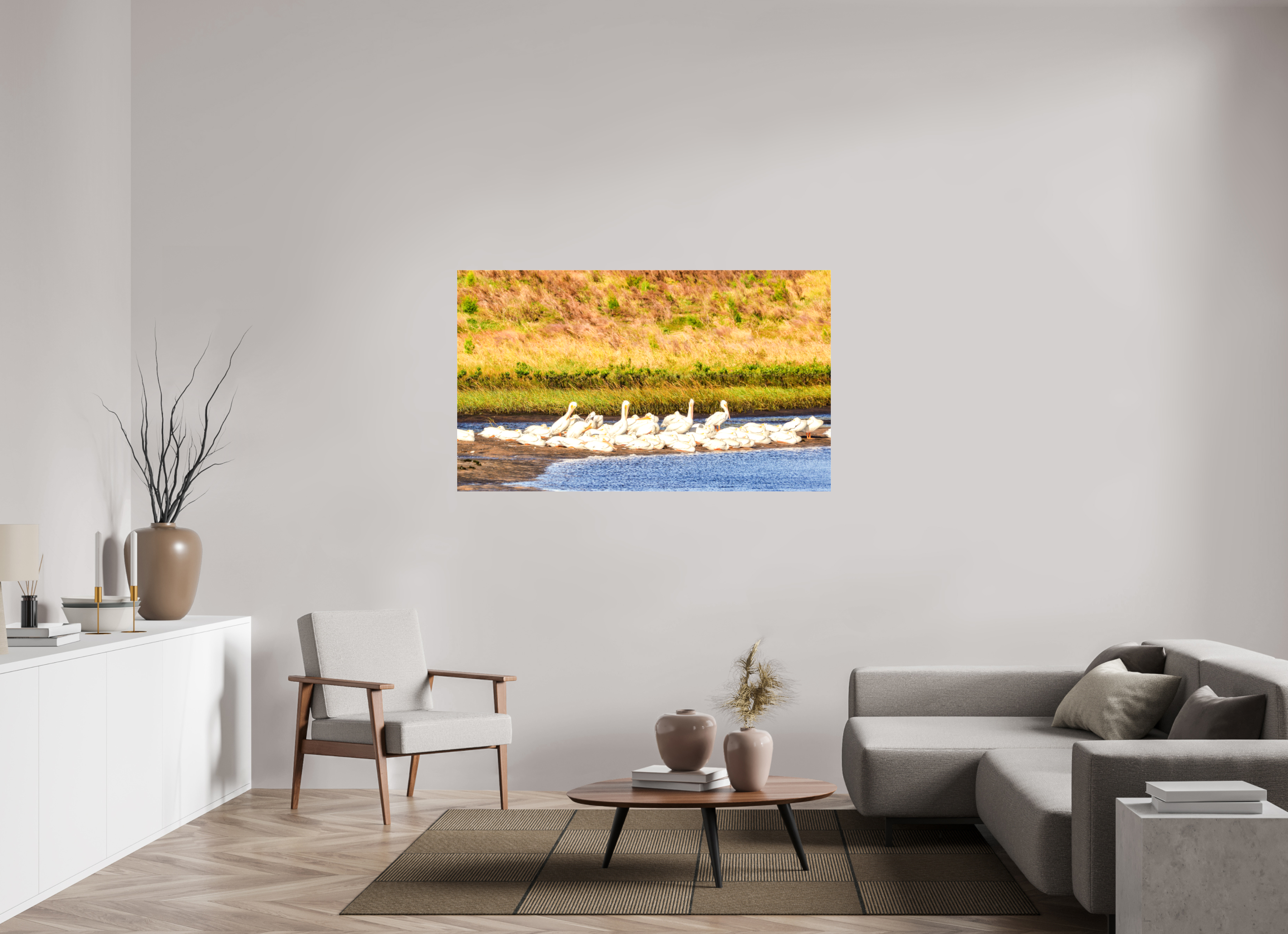 59.3 x 35″, Glossy Canvas on Stretcher Frame, 1,57" Wrapped White Pelicans Golden Hour Gathering