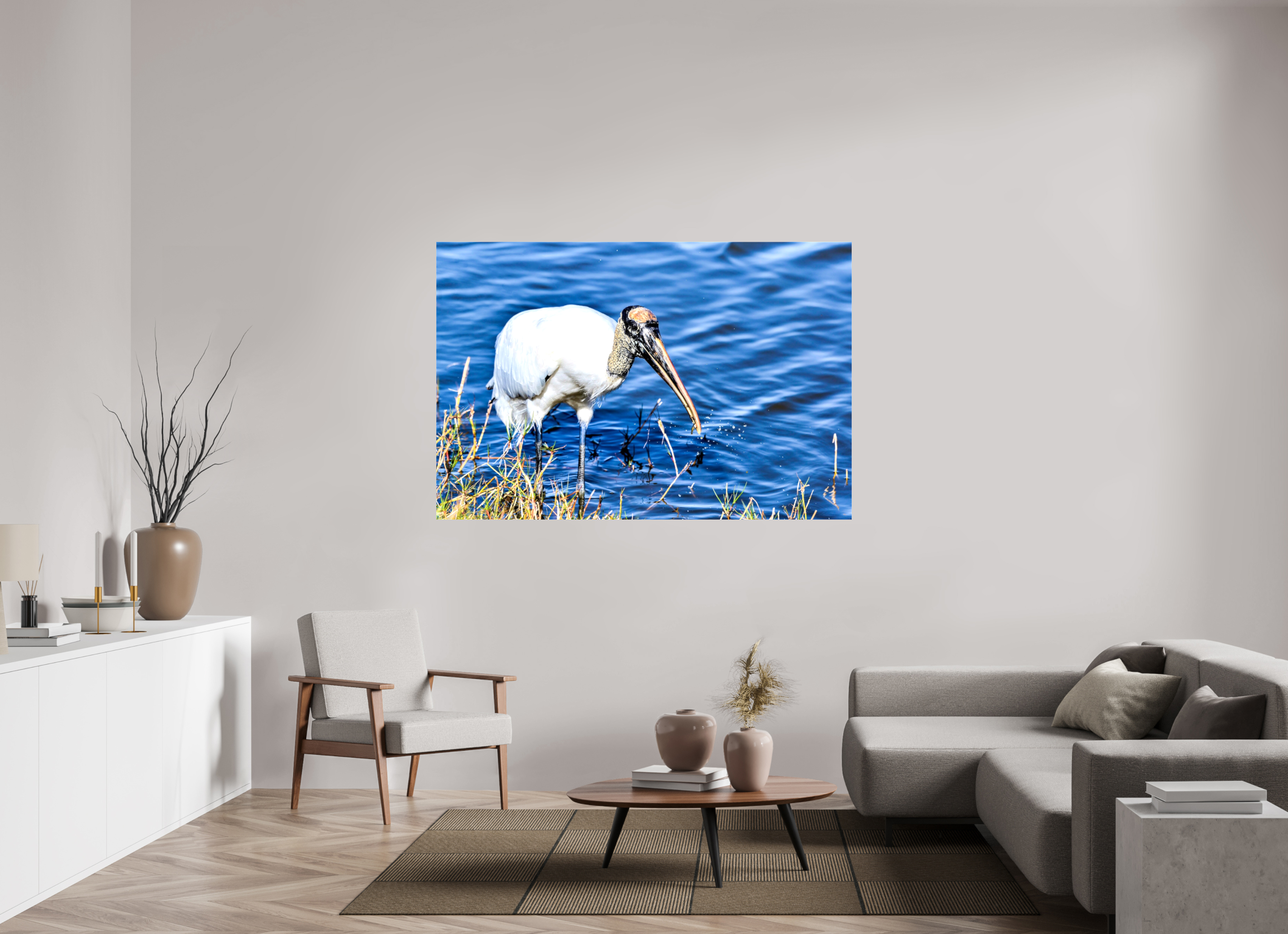 66 x 44″, Glossy Canvas on Stretcher Frame, 1,57" Wrapped The Morning Catch: Wood Stork in Action