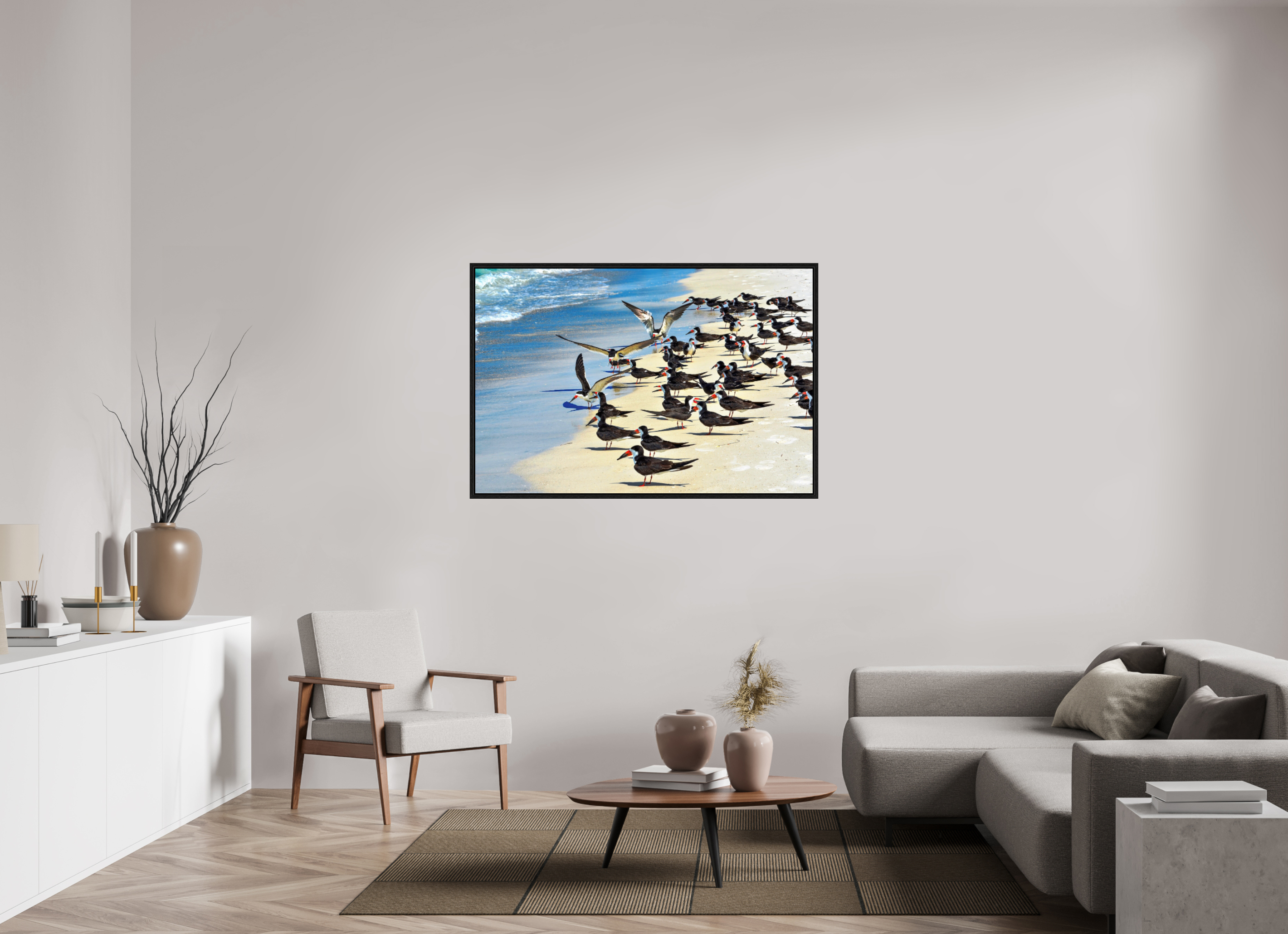 54 x 36″, Floater Frame, Basel 0.6", Black Oak, Glossy Acrylic Glass Shoreline Social: Black Skimmer Colony