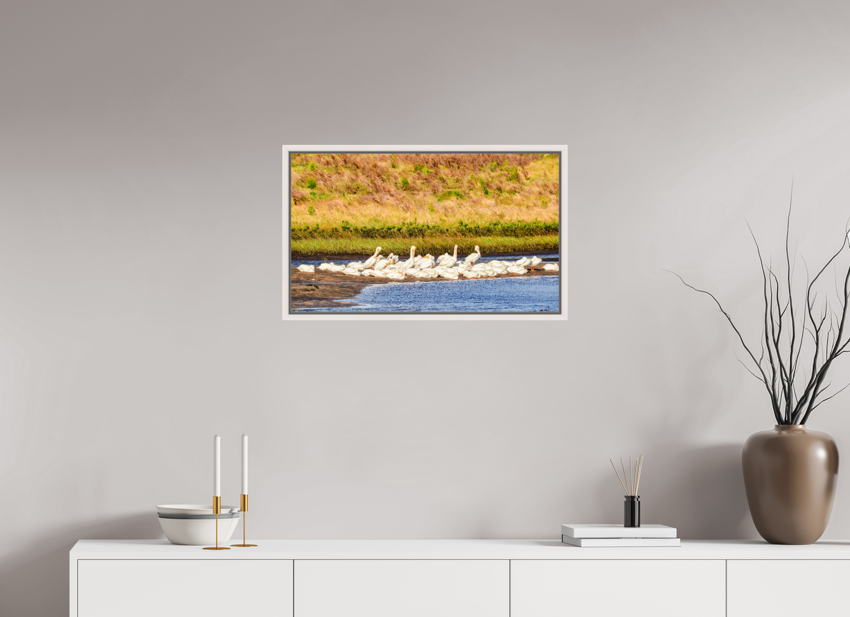 27.1 x 16″, Floater Frame, Basel 0.6", Maple White, Glossy Acrylic Glass White Pelicans Golden Hour Gathering