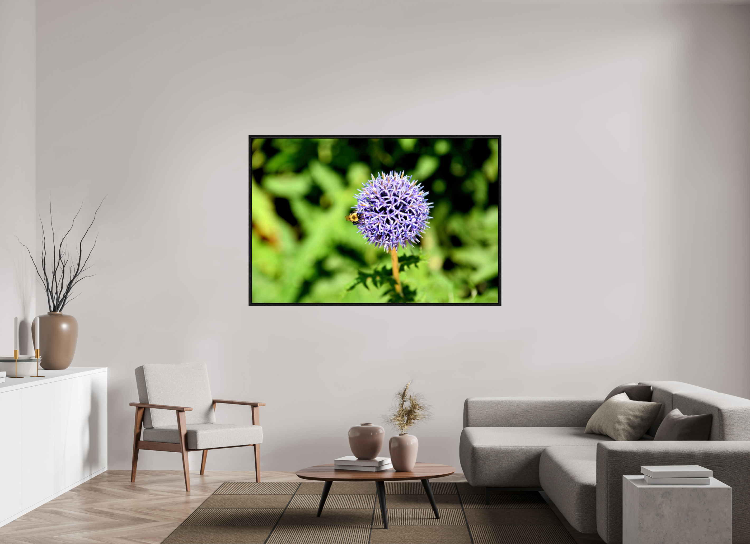 66 x 44″, Floater Frame, Basel 0.6", Black Oak, Glossy Acrylic Glass The Bee & The Globe Thistle (Echinops)