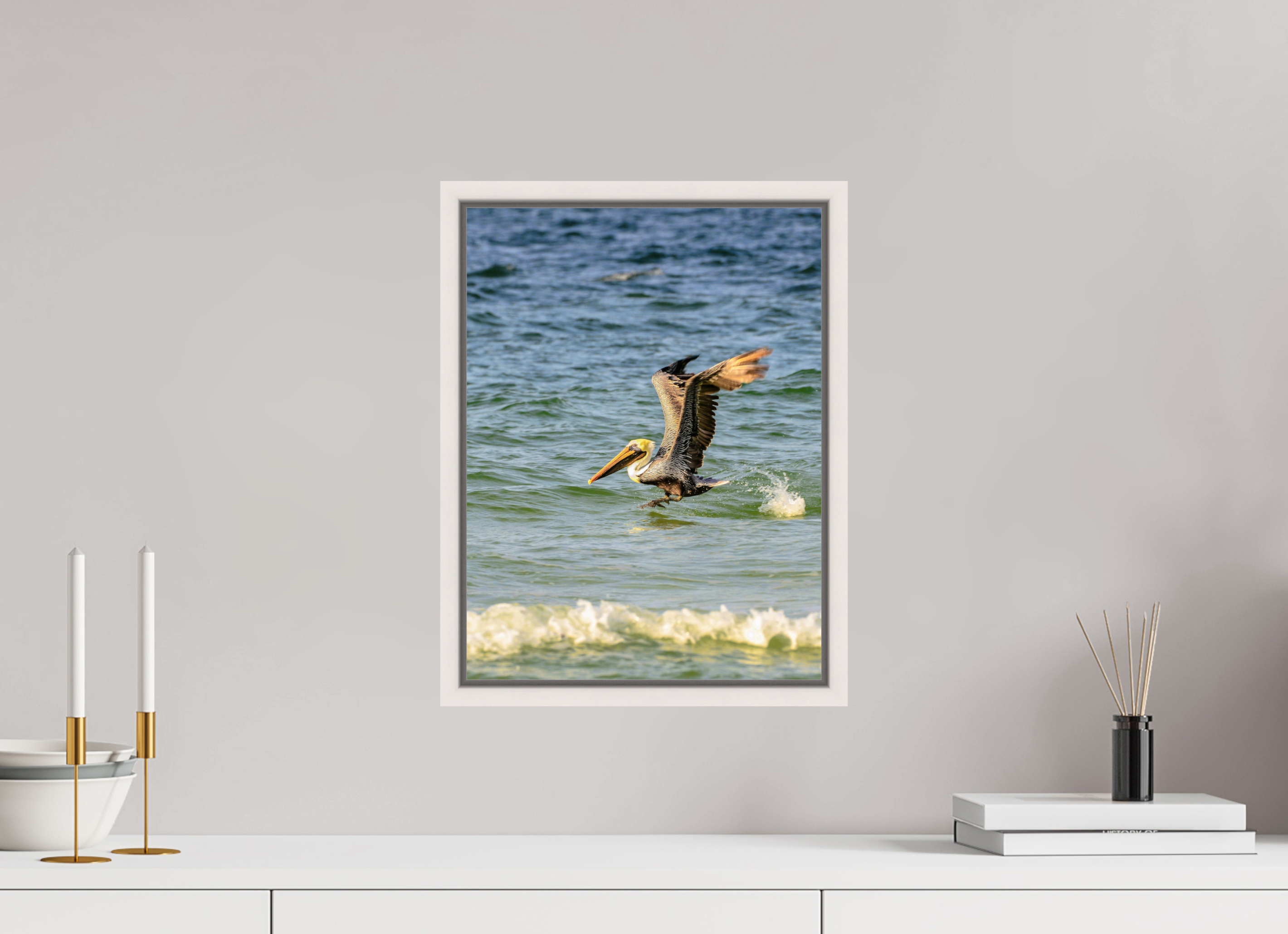 12 x 16″, Floater Frame, Basel 0.6", Maple White, Glossy Acrylic Glass Pelican in Flight