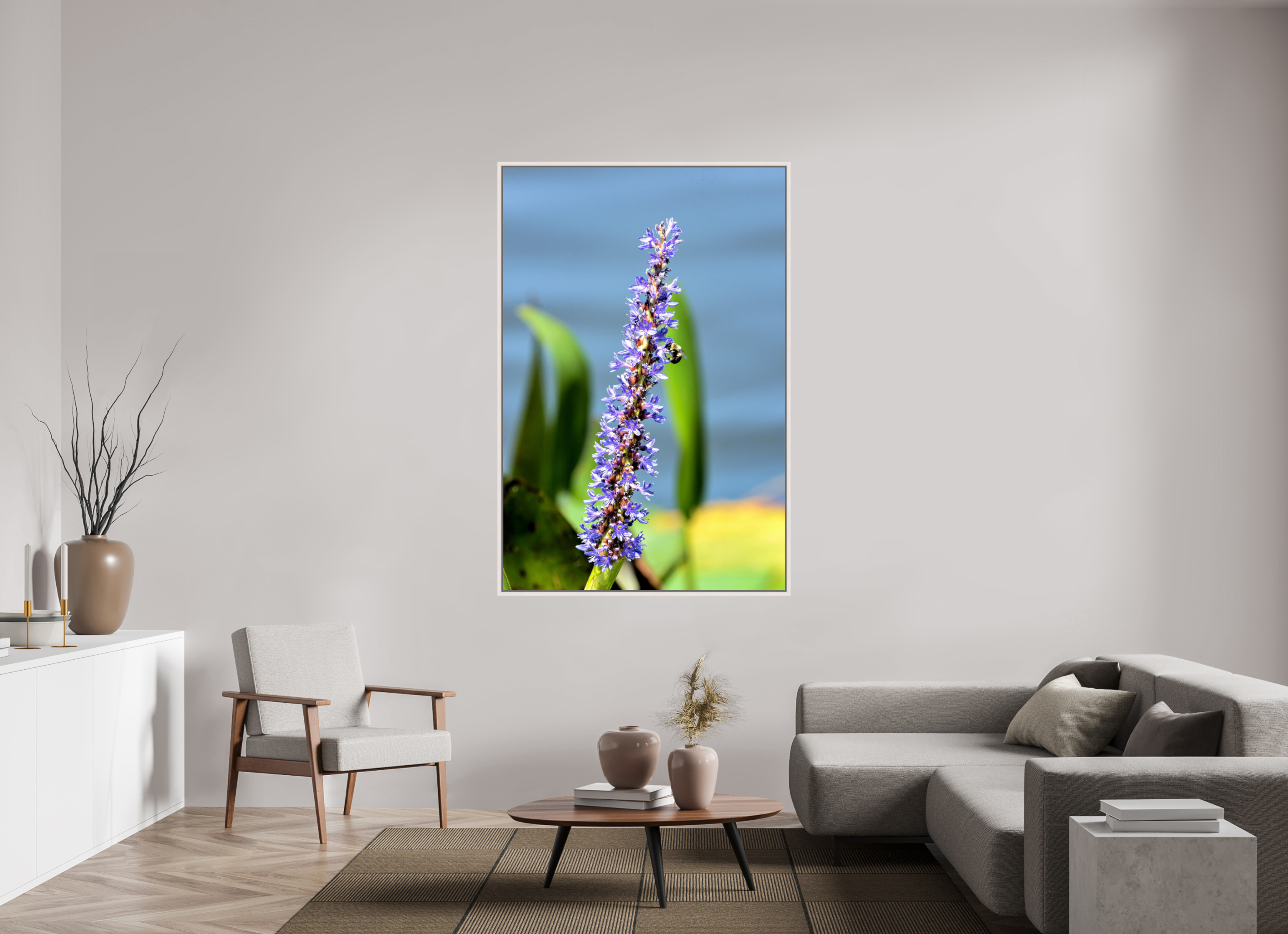 44 x 66″, Floater Frame, Basel 0.6", Maple White, Glossy Acrylic Glass Bloom & Buzz