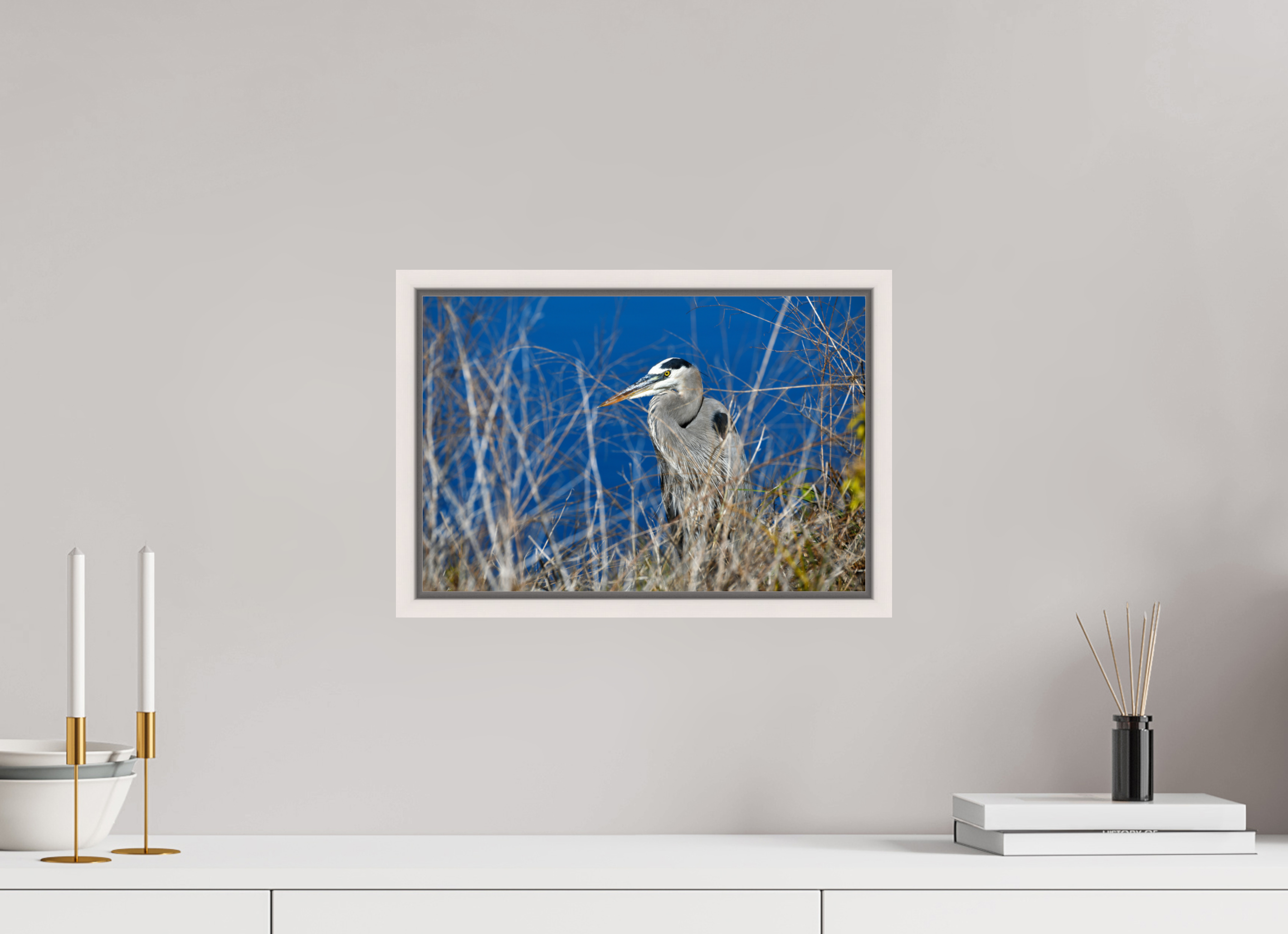 15 x 10″, Floater Frame, Basel 0.6", Maple White, Glossy Acrylic Glass Hidden Majesty: Great Blue Heron