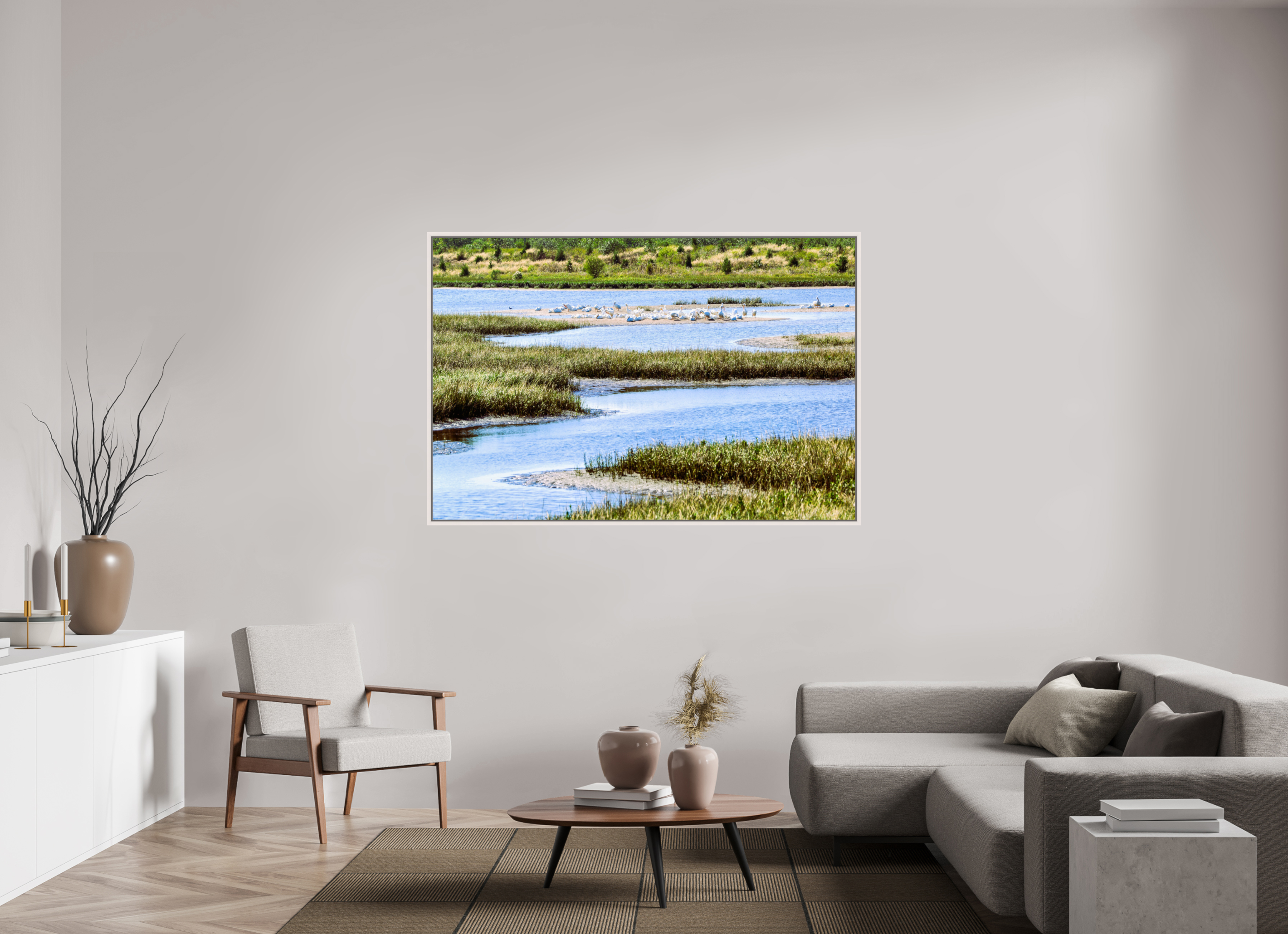 66 x 44″, Floater Frame, Basel 0.6", Maple White, Glossy Acrylic Glass Marshland Sanctuary