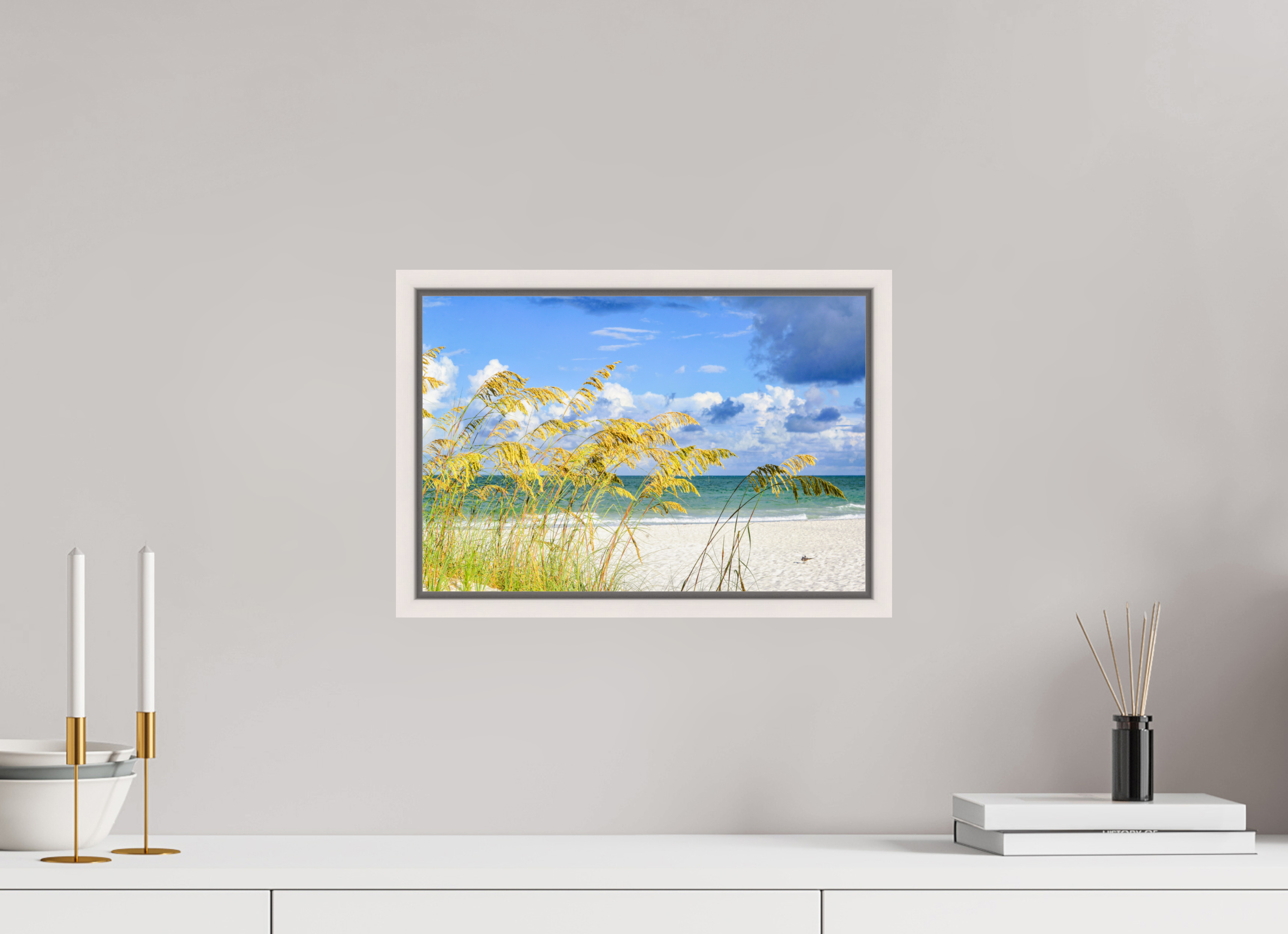 15 x 10″, Floater Frame, Basel 0.6", Maple White, Glossy Acrylic Glass Golden Sea Oats