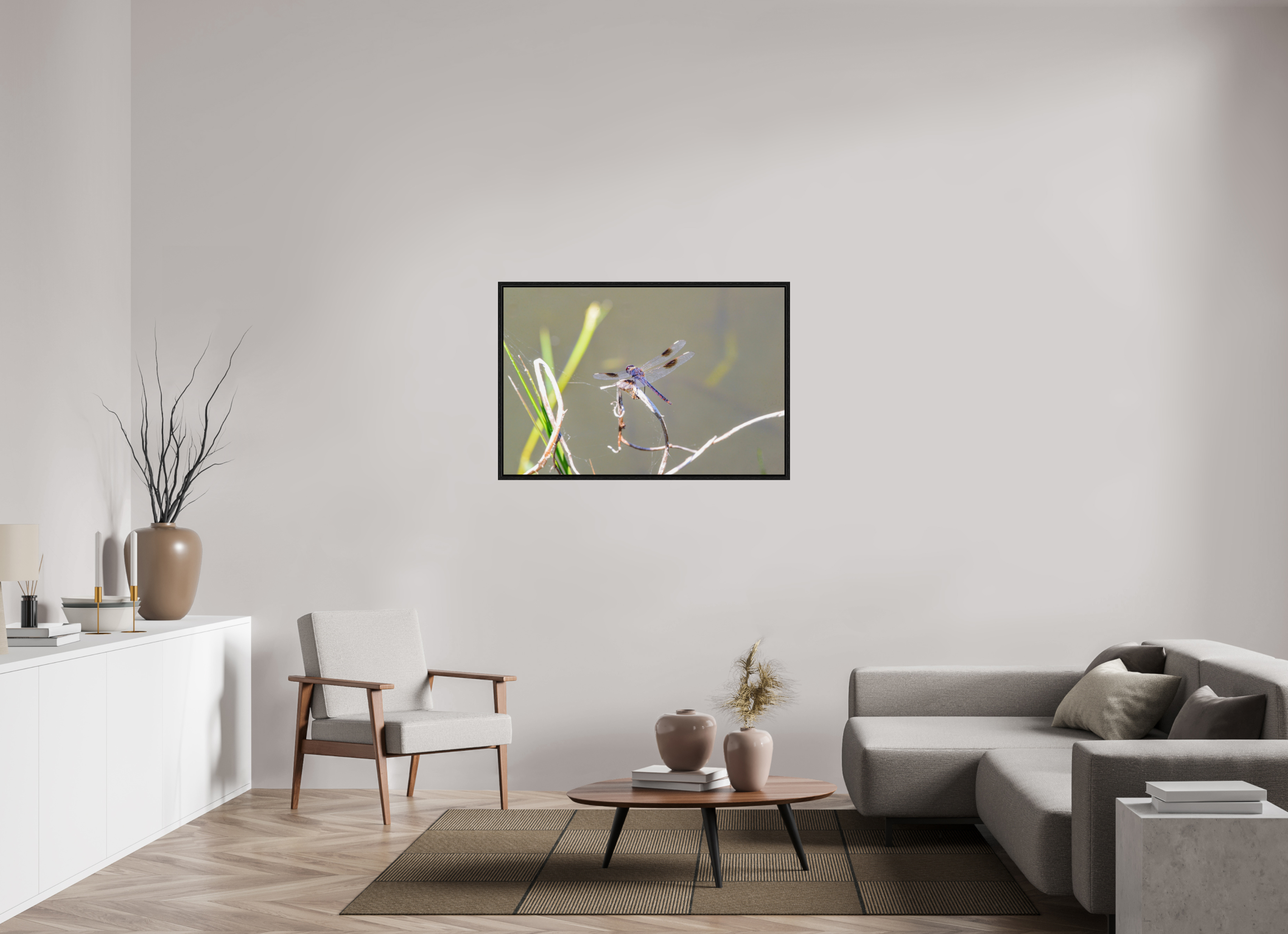 45 x 30″, Floater Frame, Basel 0.6", Black Oak, Glossy Acrylic Glass Pennant Dragonfly in the Marsh