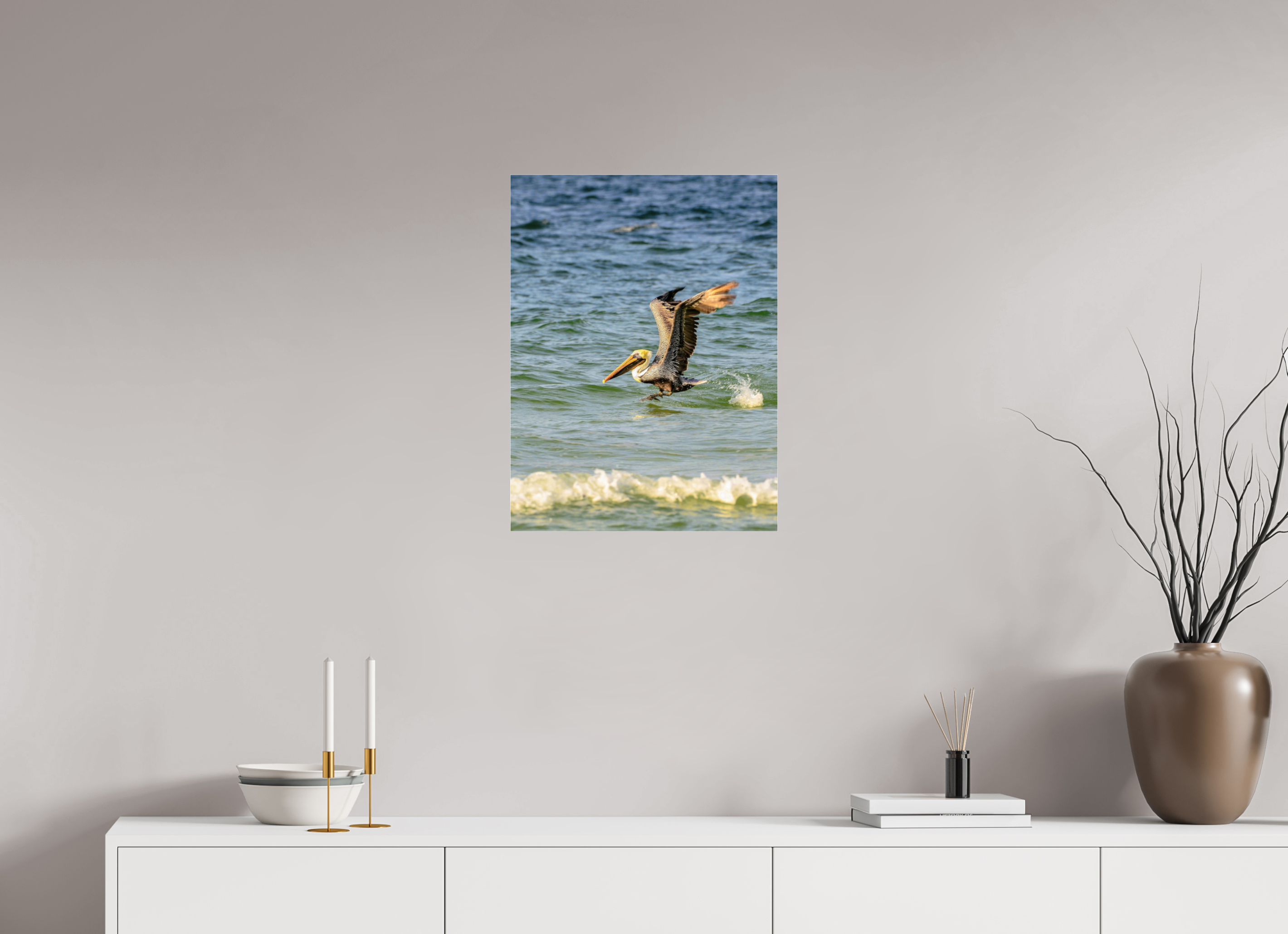 18 x 24″, Metallic Photo Print Under Acrylic Glass Pelican in Flight