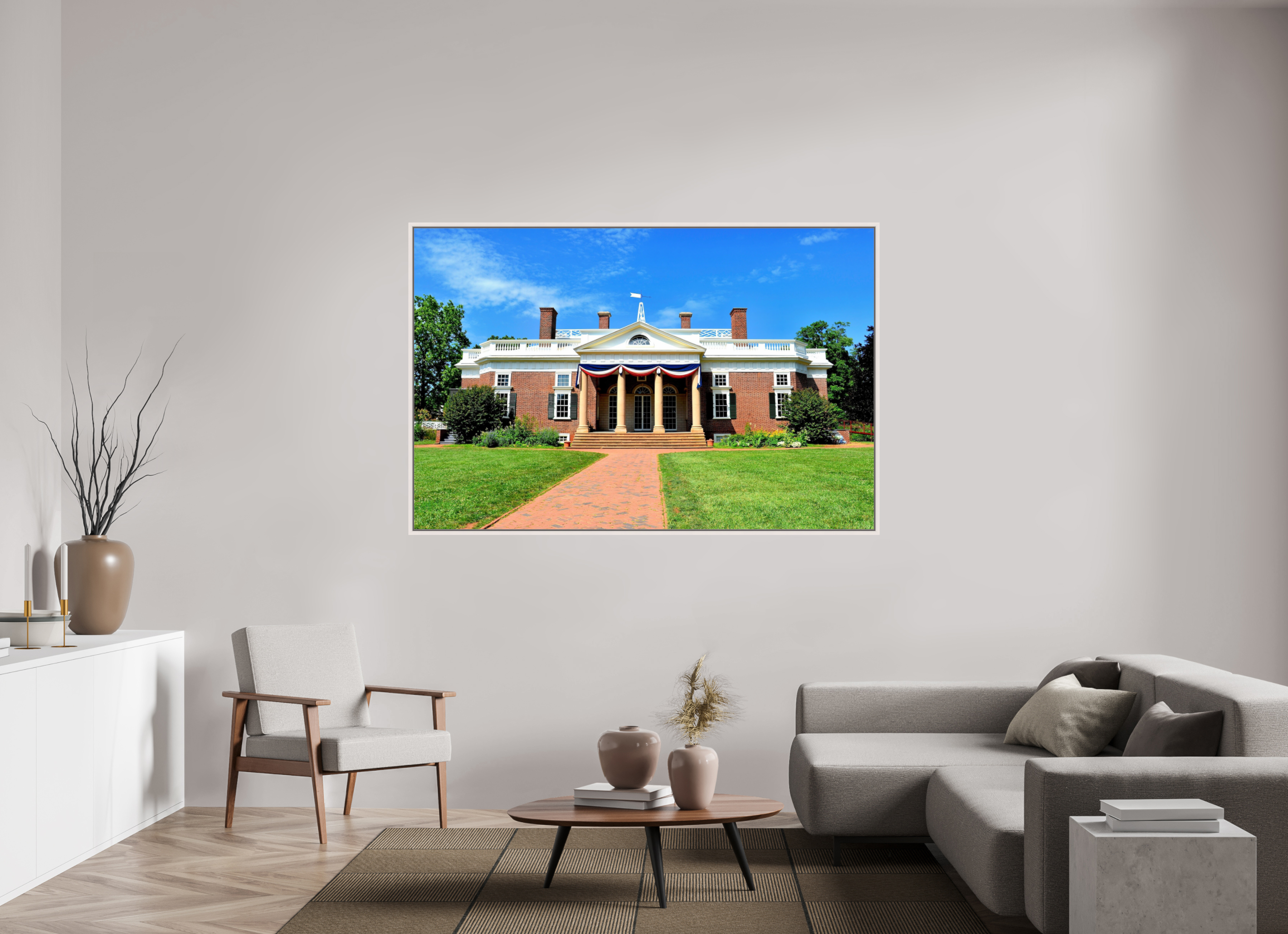 71.8 x 47″, Floater Frame, Basel 0.6", Maple White, Glossy Acrylic Glass Jefferson’s Masterpiece: Monticello at Midday