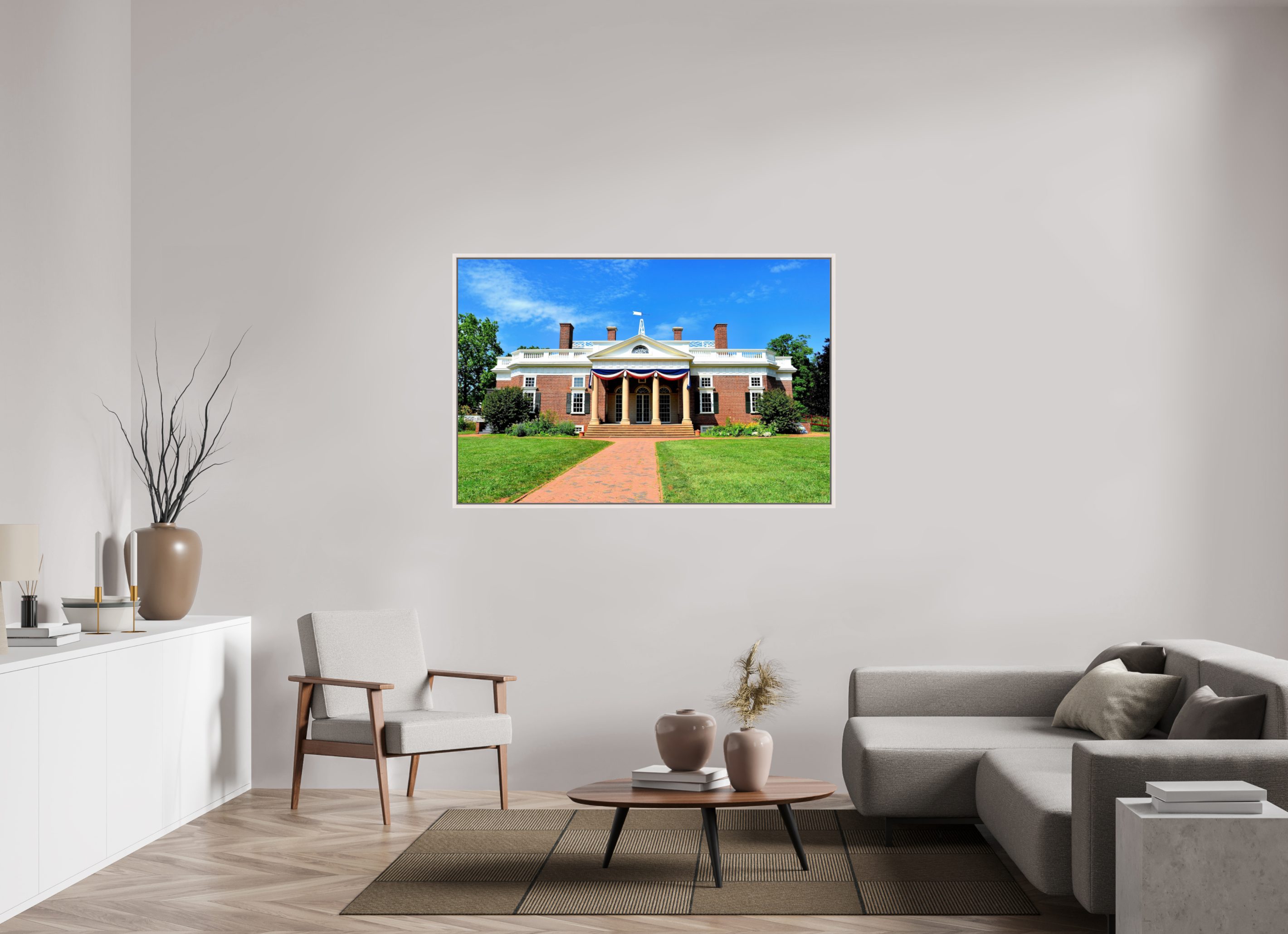 59.5 x 39″, Floater Frame, Basel 0.6", Maple White, Glossy Acrylic Glass Jefferson’s Masterpiece: Monticello at Midday