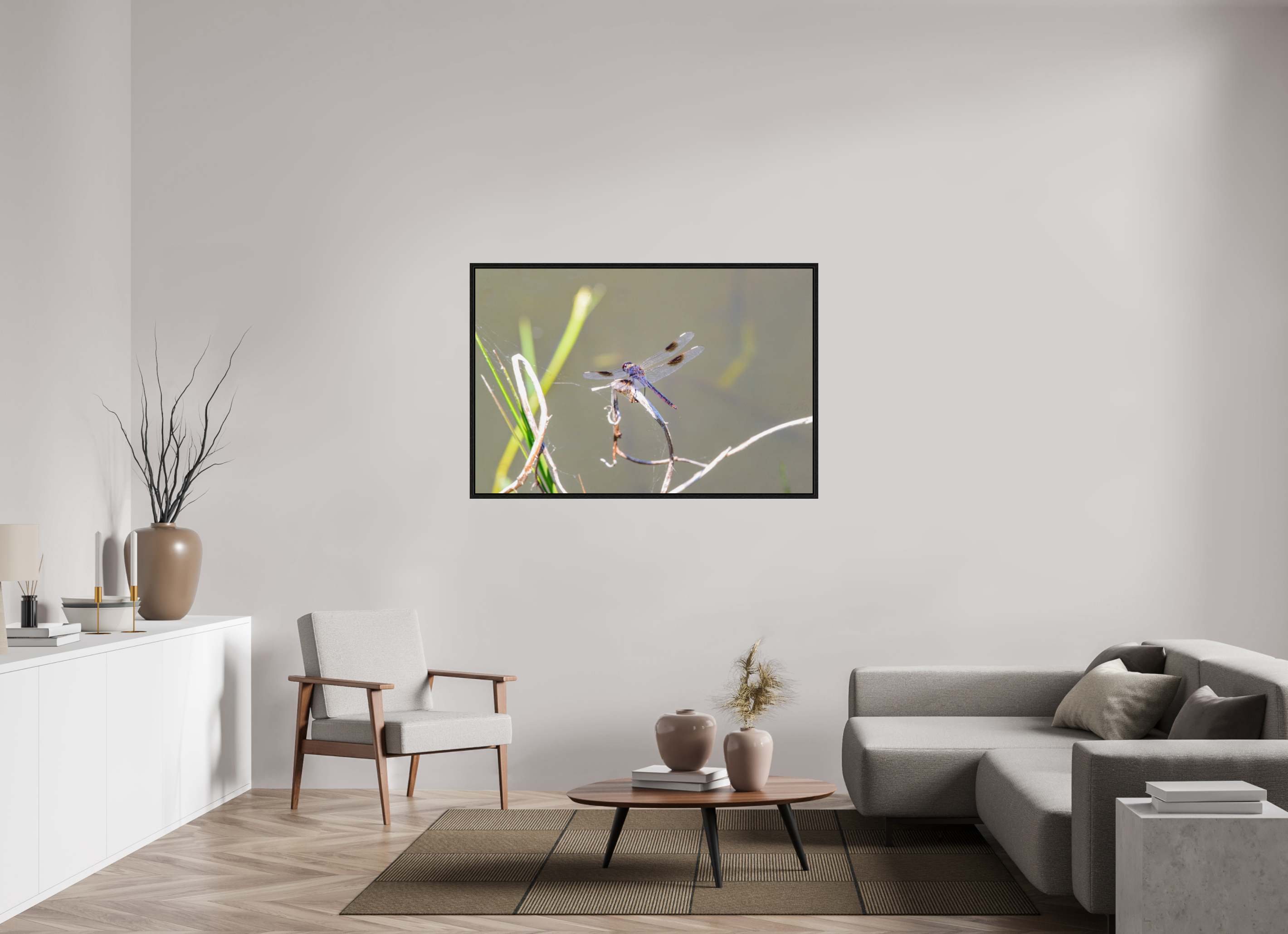 54 x 36″, Floater Frame, Basel 0.6", Black Oak, Glossy Acrylic Glass Pennant Dragonfly in the Marsh