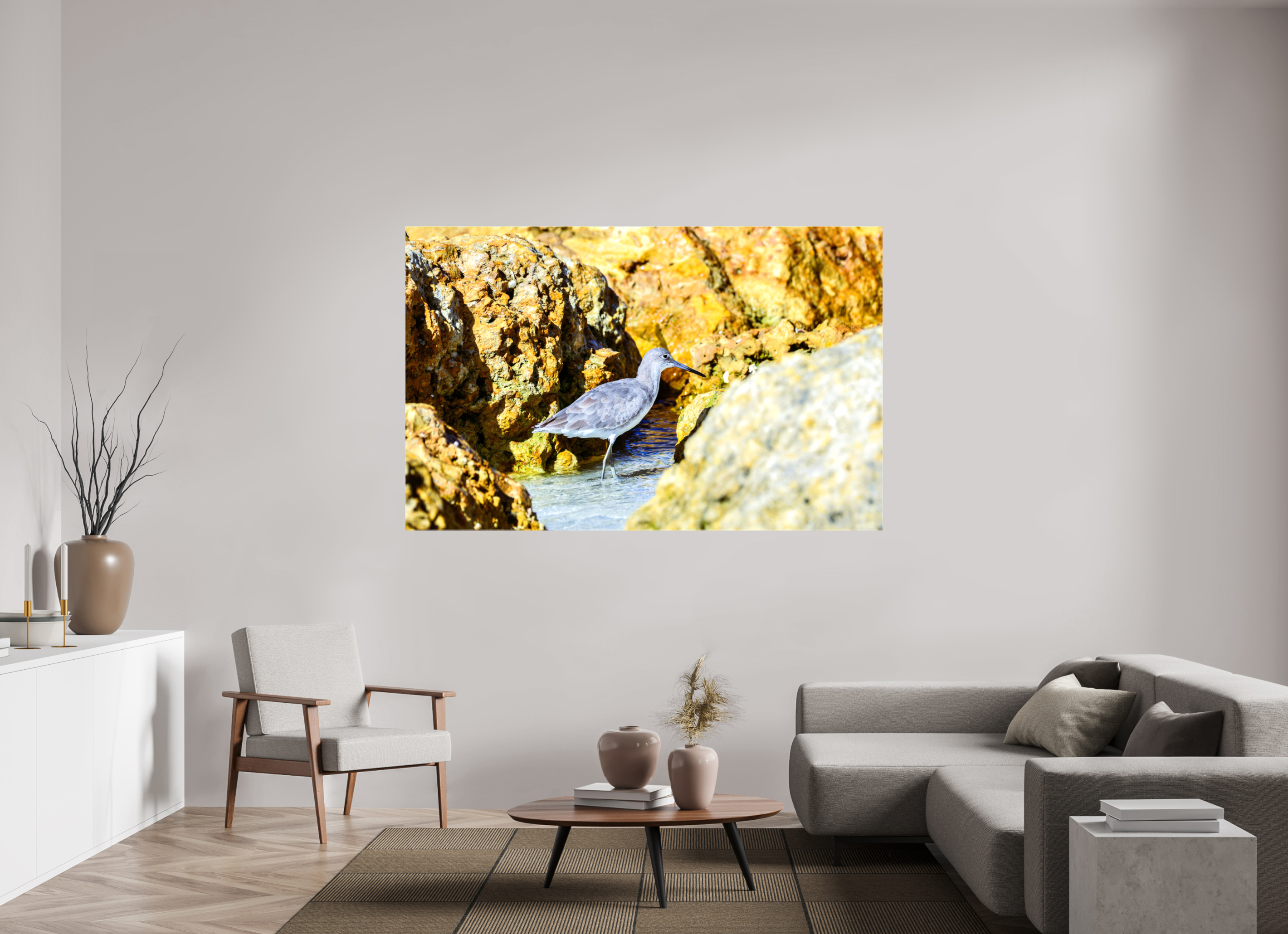 73.9 x 47″, Glossy Canvas on Stretcher Frame, 1,57" Wrapped The Hiding Willet