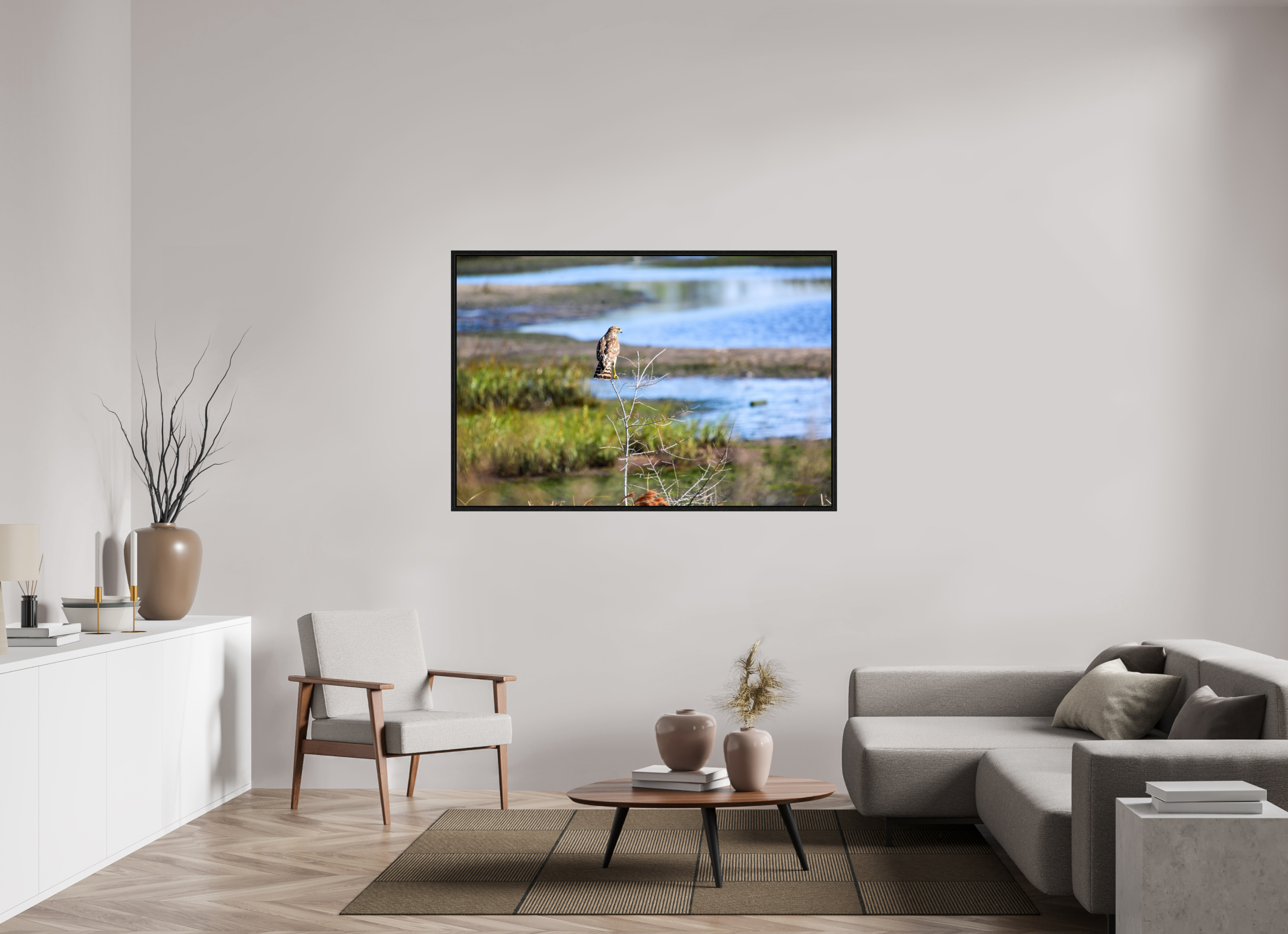 60 x 40″, Floater Frame, Basel 0.6", Black Oak, Glossy Acrylic Glass Guardian of the Marsh