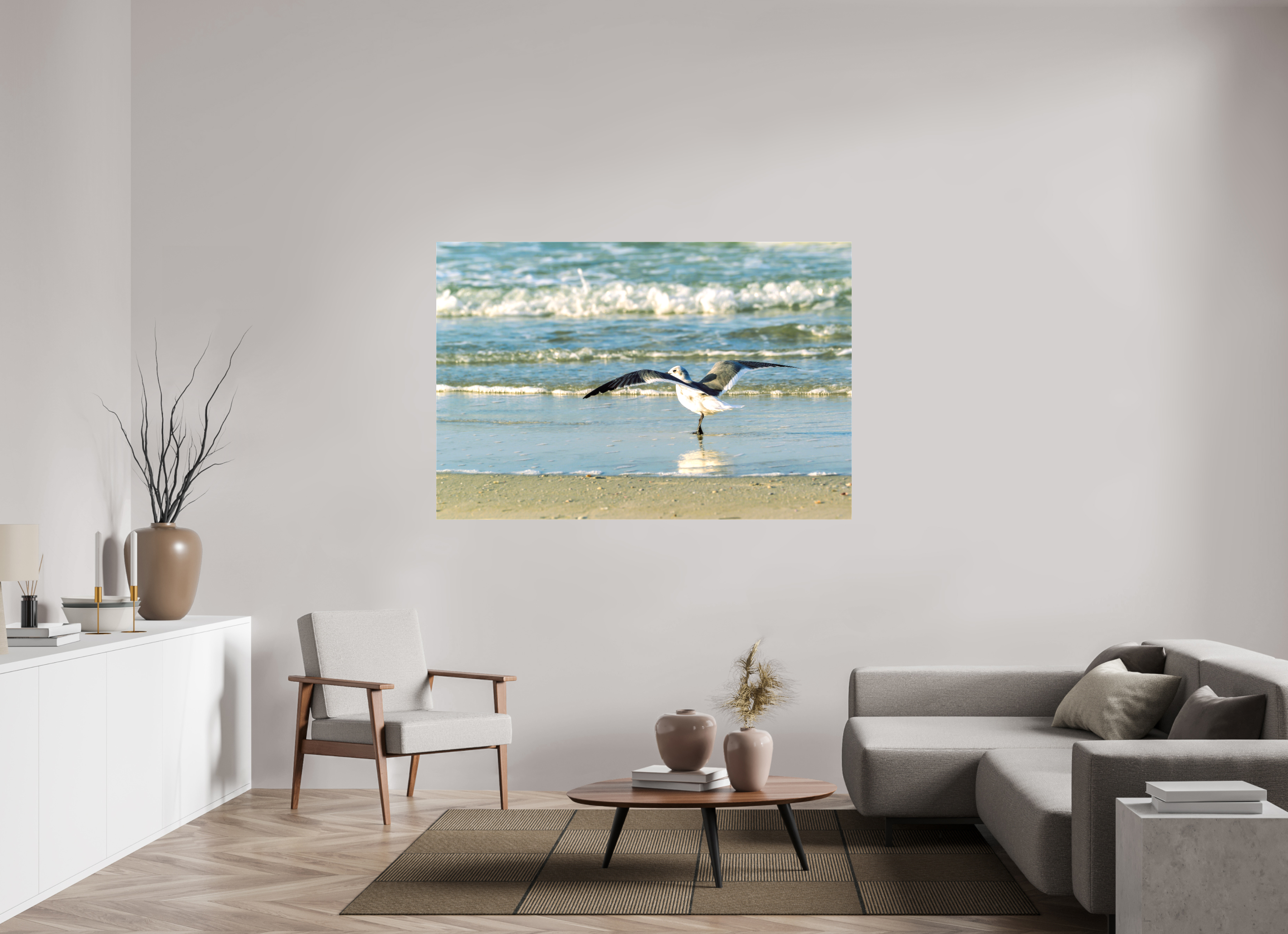 66 x 44″, Glossy Canvas on Stretcher Frame, 1,57" Wrapped Laughing Gull in Motion