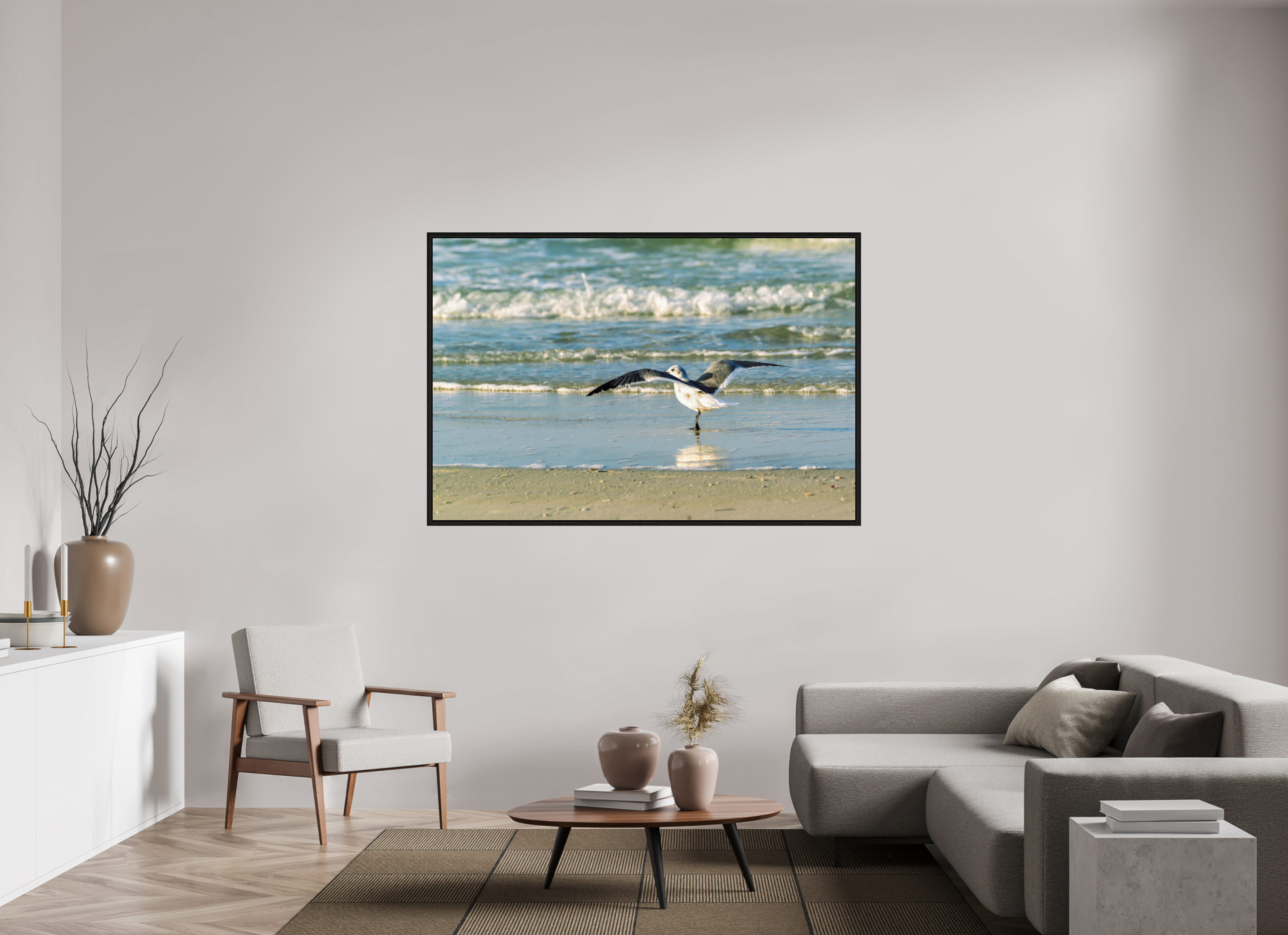 66 x 44″, Floater Frame Laughing Gull in Motion