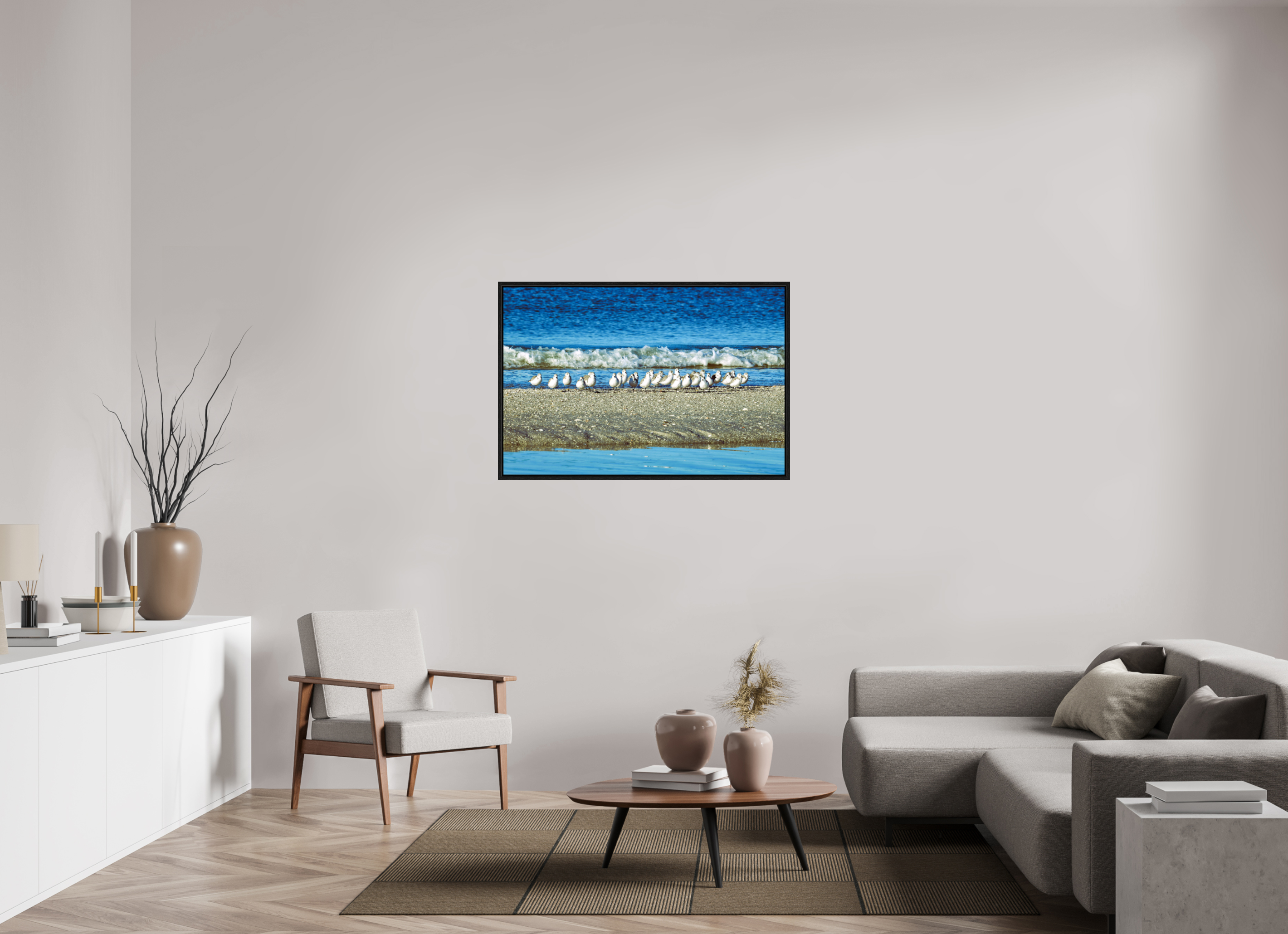 45 x 30″, Floater Frame, Basel 0.6", Black Oak, Glossy Acrylic Glass Sanderlings on Standby