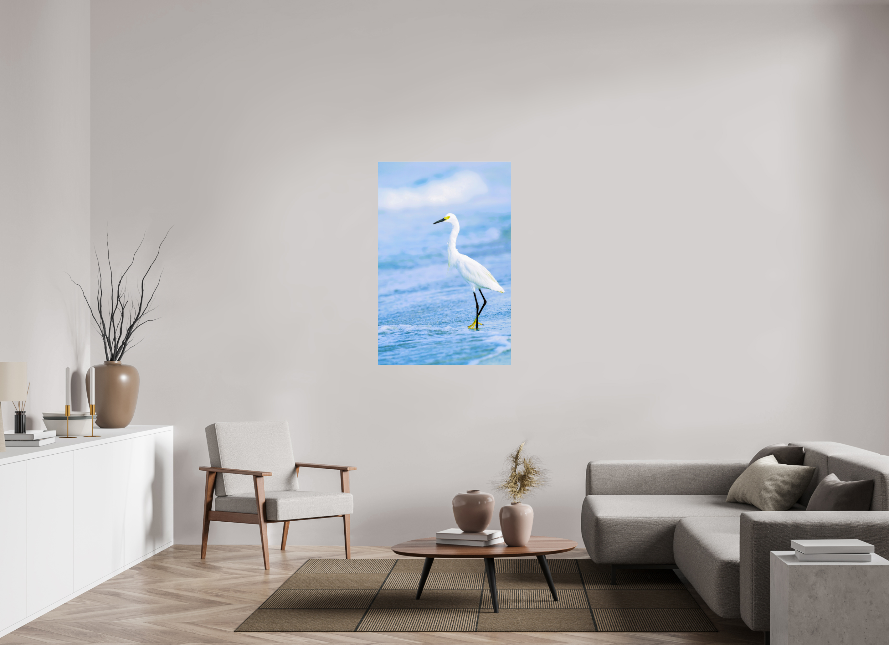 31 x 47.3″, Metallic Photo Print Under Acrylic Glass Snowy Egret in Azure