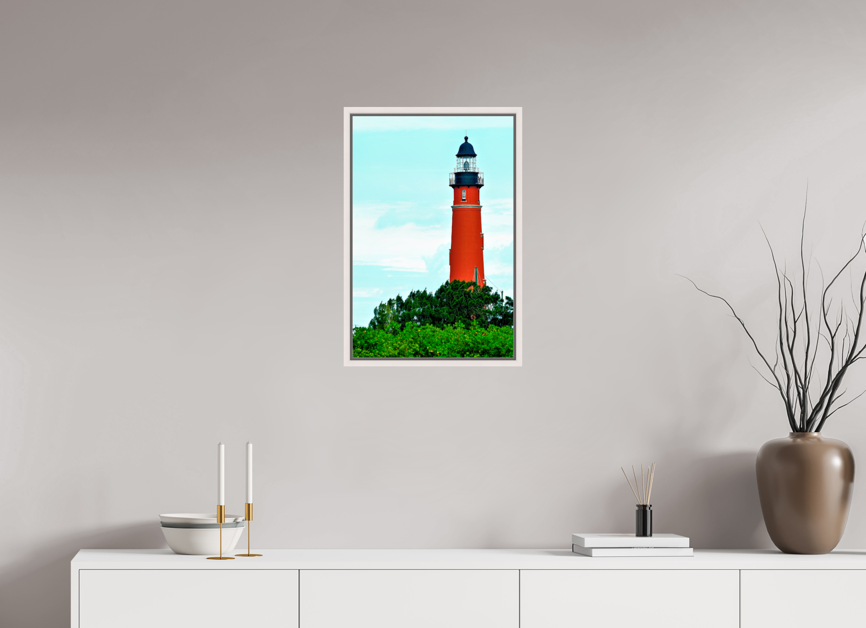 16 x 24″, Floater Frame, Basel 0.6", Maple White, Glossy Acrylic Glass Ponce de Leon Inlet Lighthouse