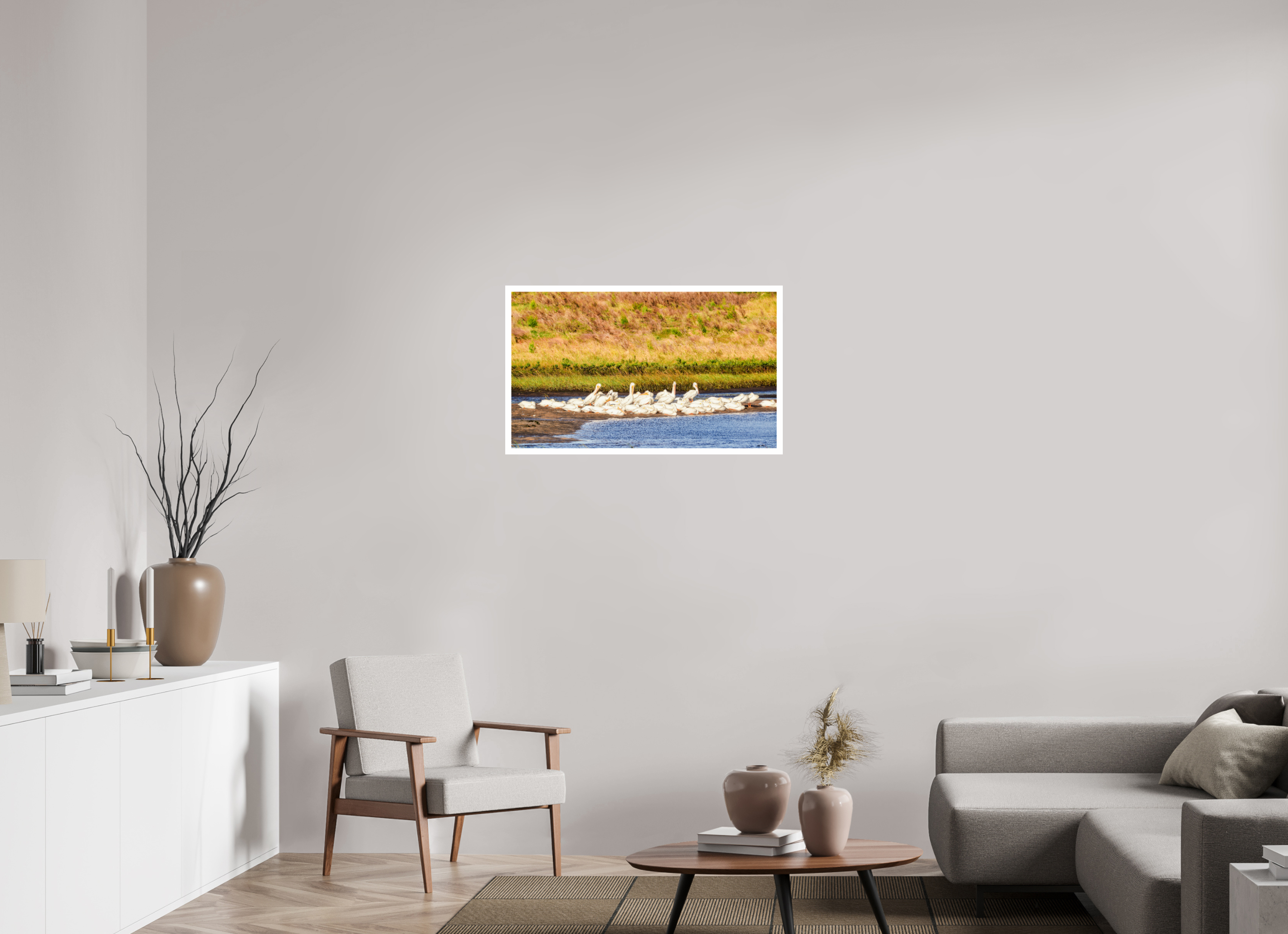33.9 x 20″, Hahnemühle FineArt Pearl Print, .79" white border White Pelicans Golden Hour Gathering