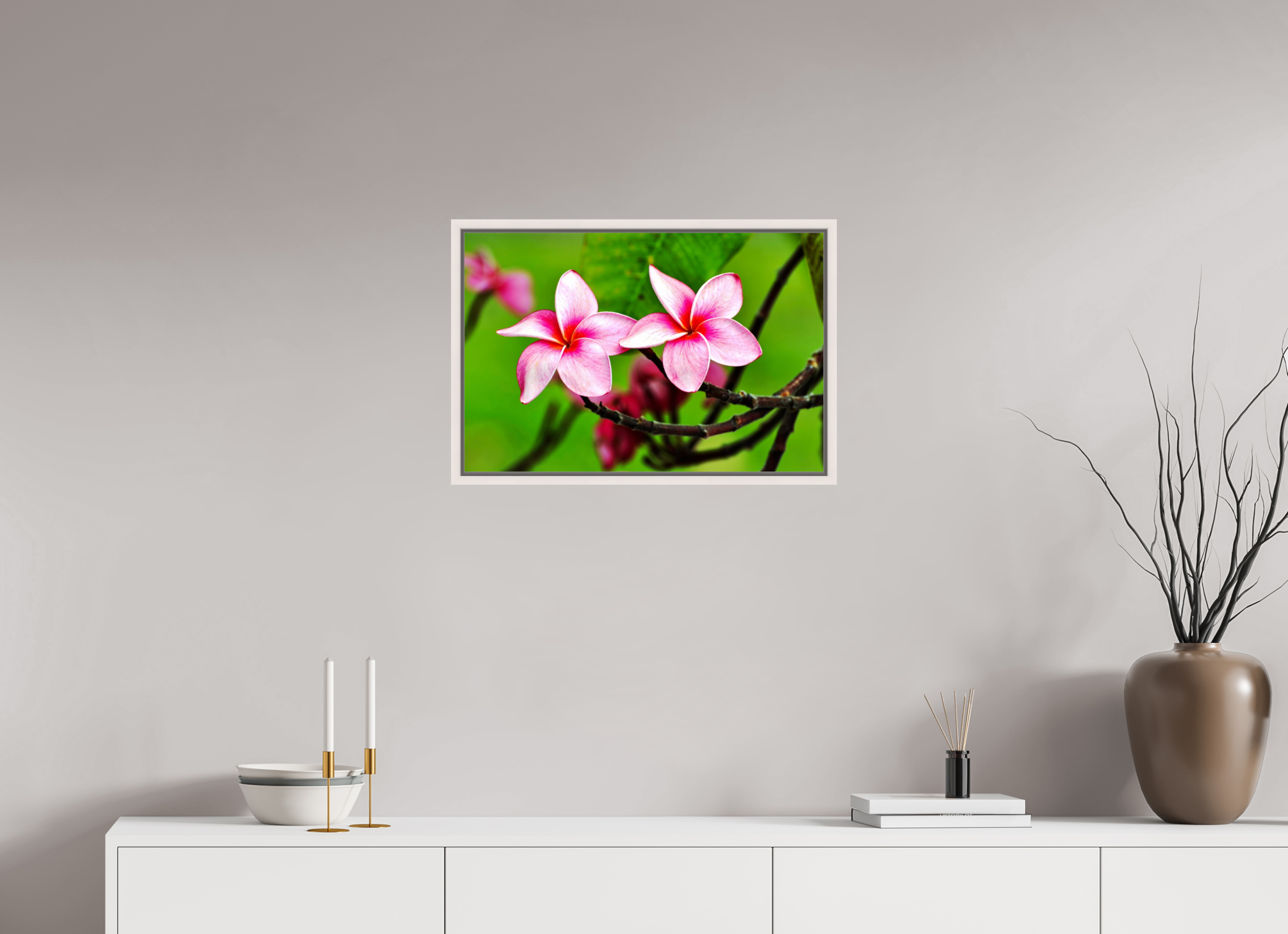 24 x 16″, Floater Frame, Basel 0.6", Maple White, Glossy Acrylic Glass Pink Plumeria Rubra (Frangipani)