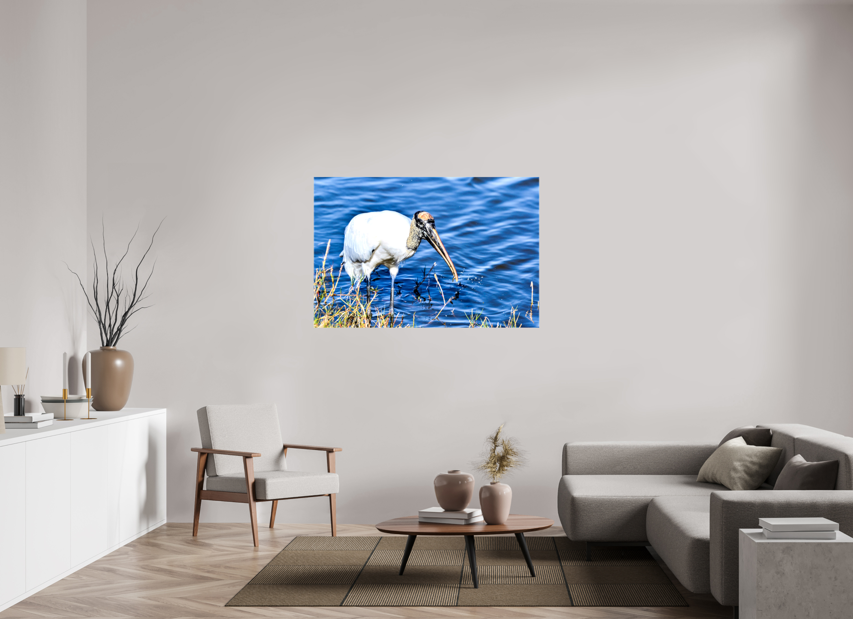 54 x 36″, Glossy Canvas on Stretcher Frame, 1,57" Wrapped The Morning Catch: Wood Stork in Action