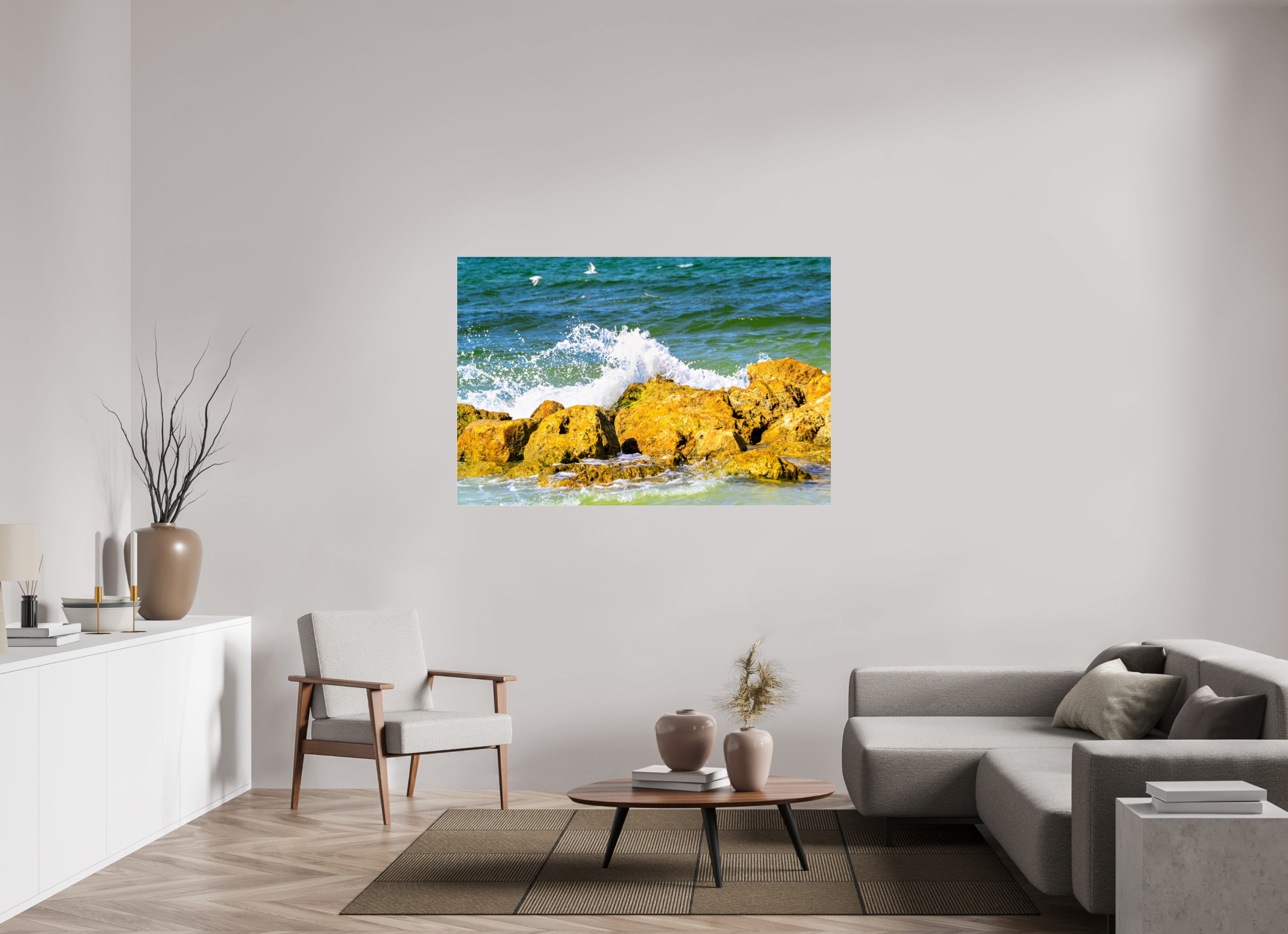 60 x 40″, Metallic Photo Print Under Acrylic Glass Waves Breaking