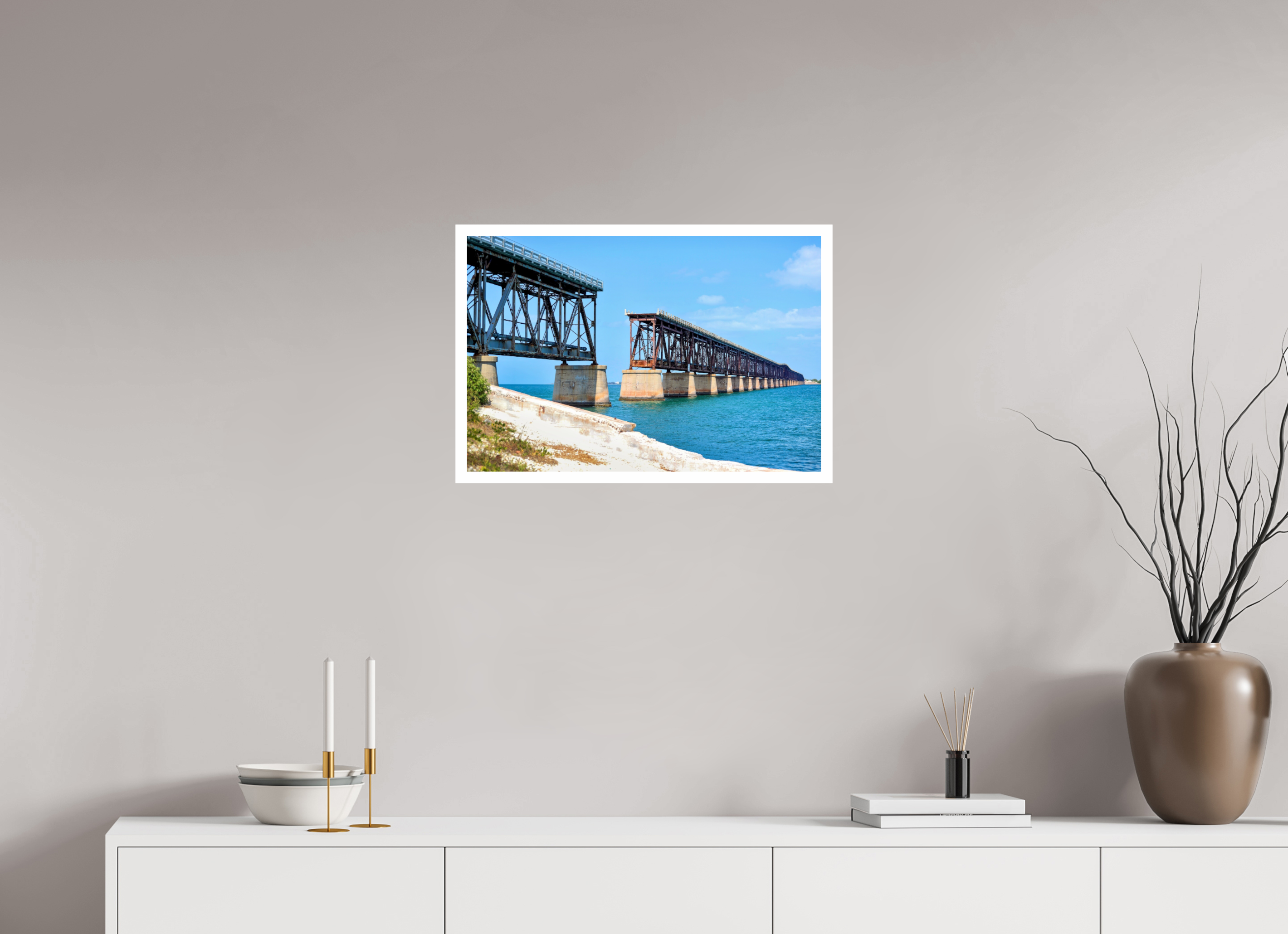 24 x 16″, Hahnemühle FineArt Pearl Print, .79" white border Old Bahia Honda Bridge