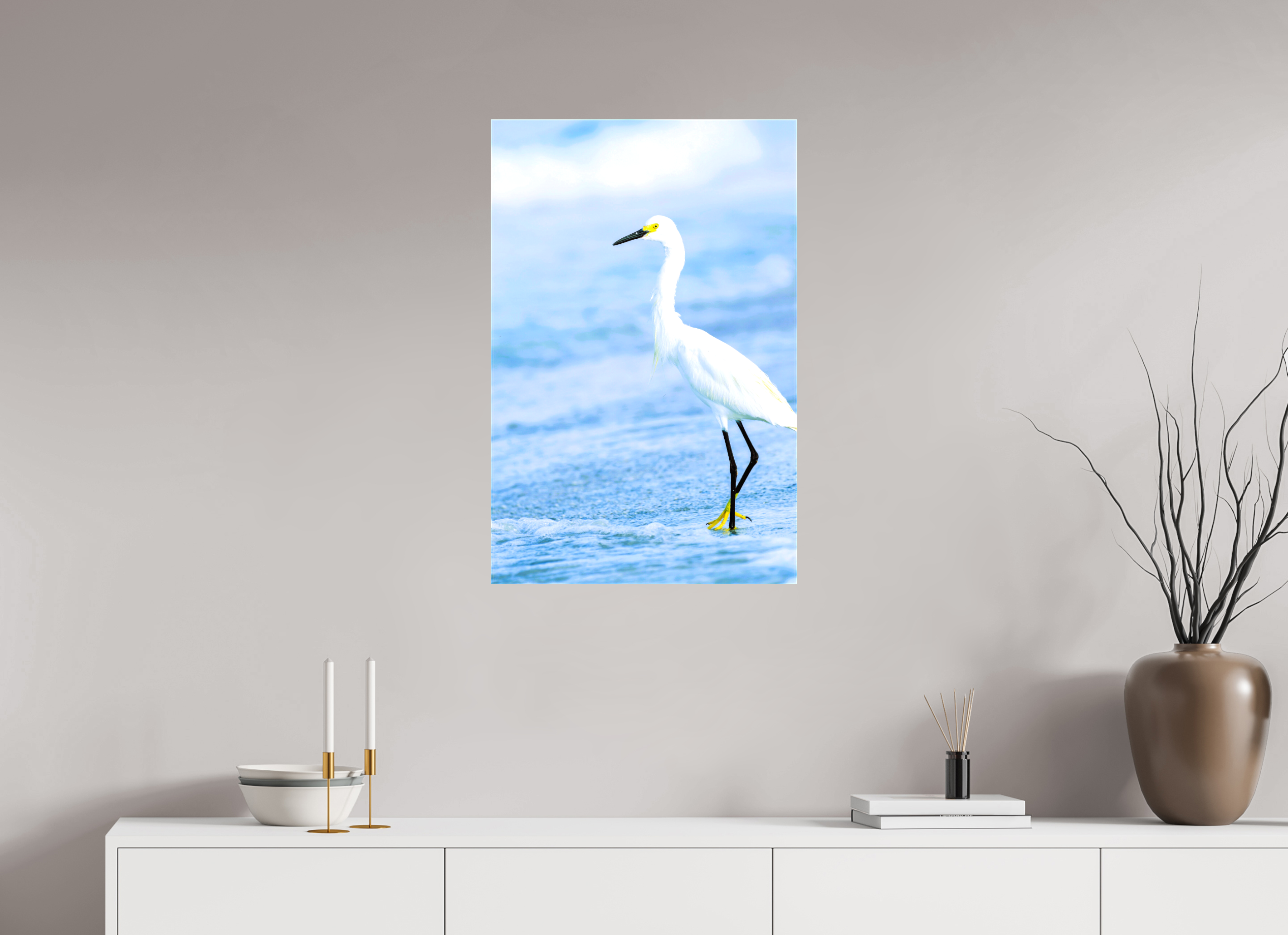 20 x 30.5″, Glossy Canvas on Stretcher Frame, 1,57" Wrapped Snowy Egret in Azure