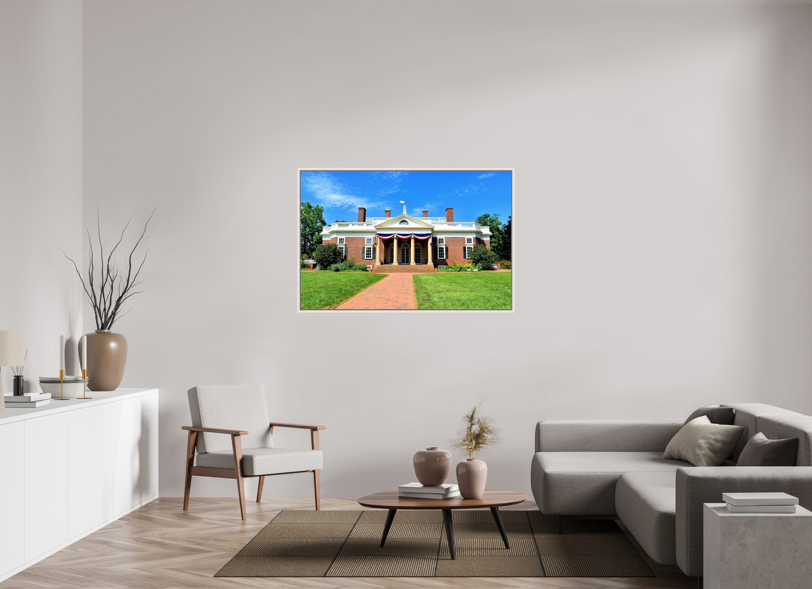 53.4 x 35″, Floater Frame, Basel 0.6", Maple White, Glossy Acrylic Glass Jefferson’s Masterpiece: Monticello at Midday