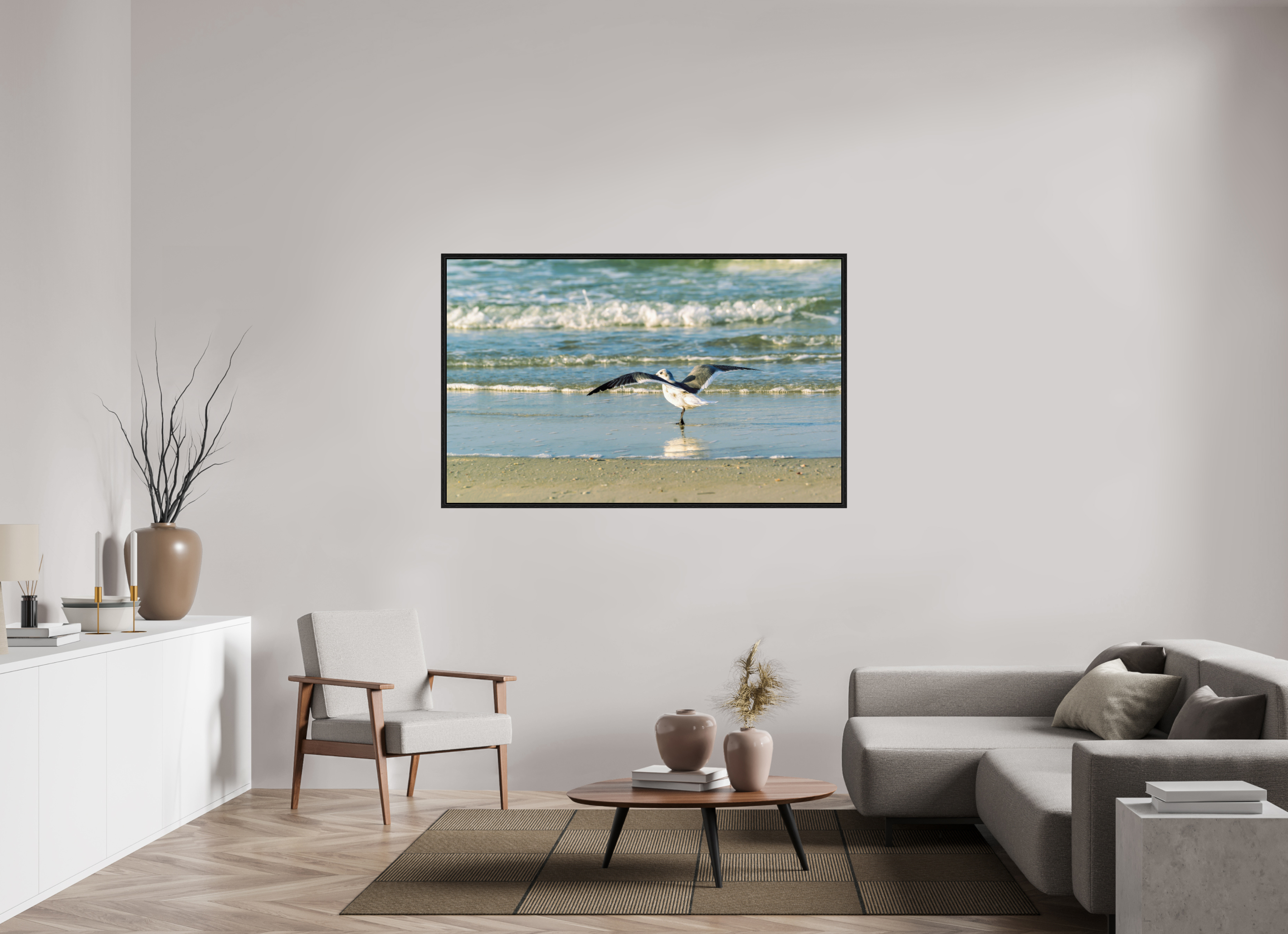 63.2 x 39″, Floater Frame Laughing Gull in Motion