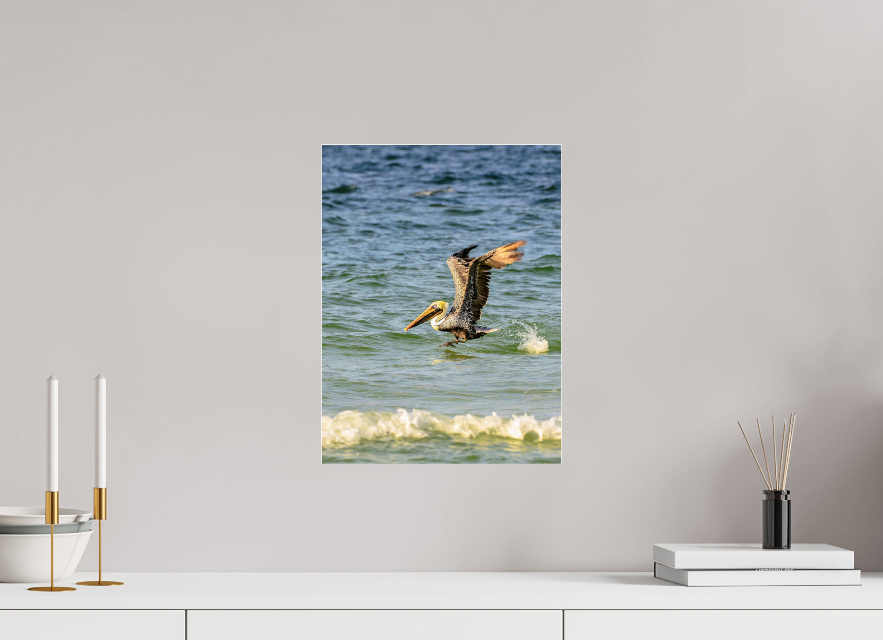 12 x 16″, Metallic Photo Print Under Acrylic Glass Pelican in Flight
