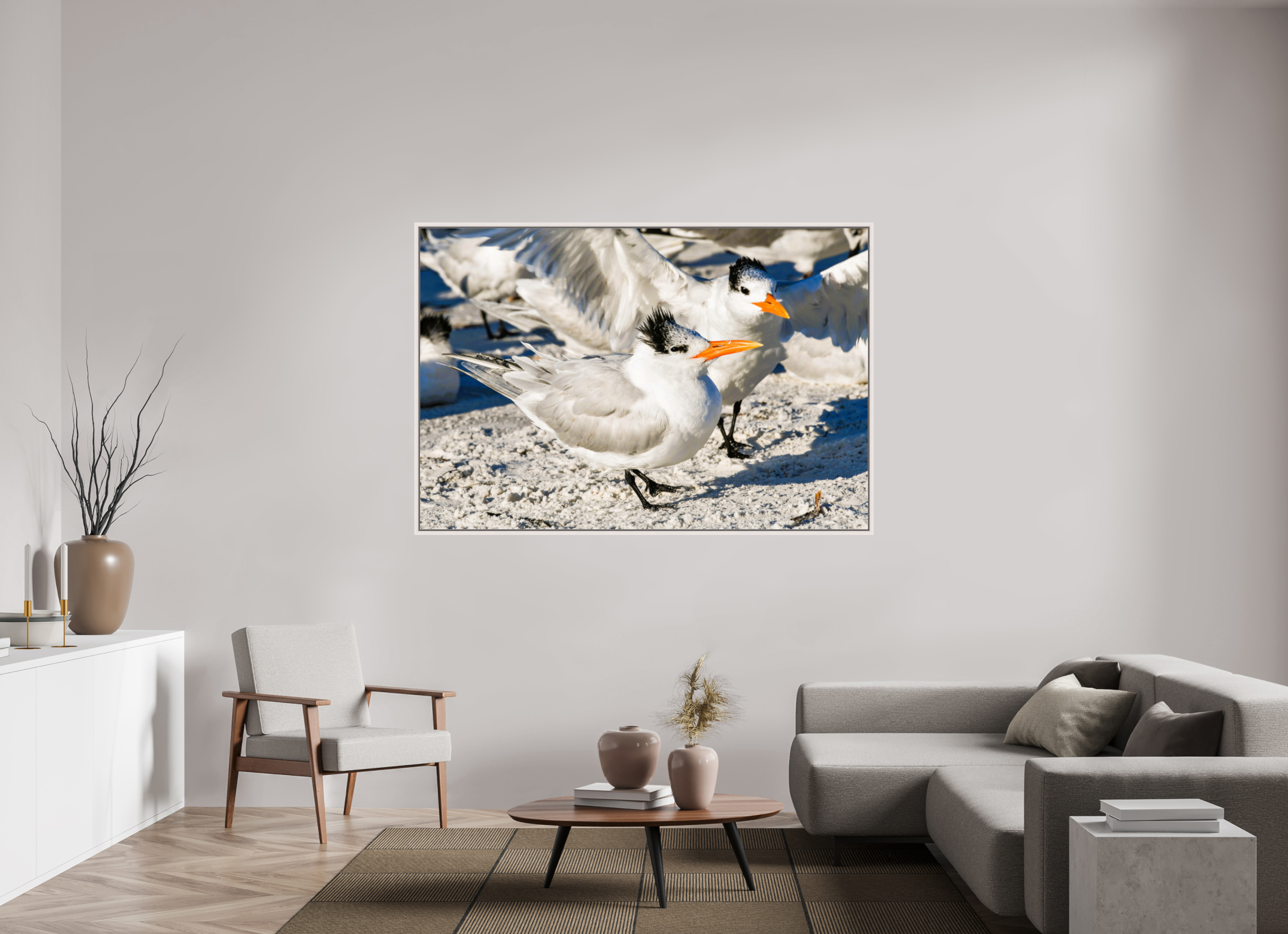 69.9 x 47″, Floater Frame, Basel 0.6", Maple White, Glossy Acrylic Glass Coastal Royalty