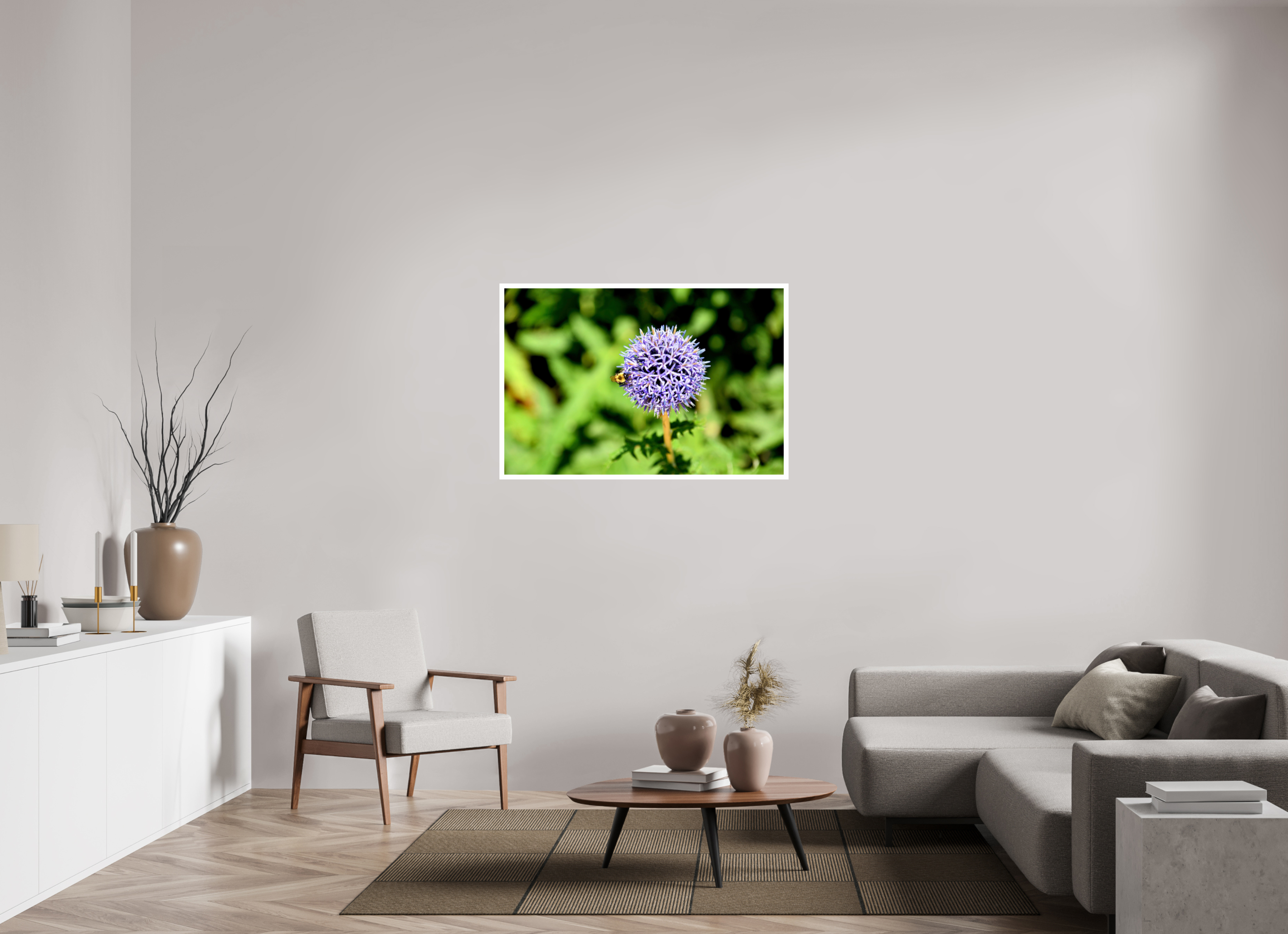 45 x 30″, Hahnemühle FineArt Pearl Print, .79" white border The Bee & The Globe Thistle (Echinops)