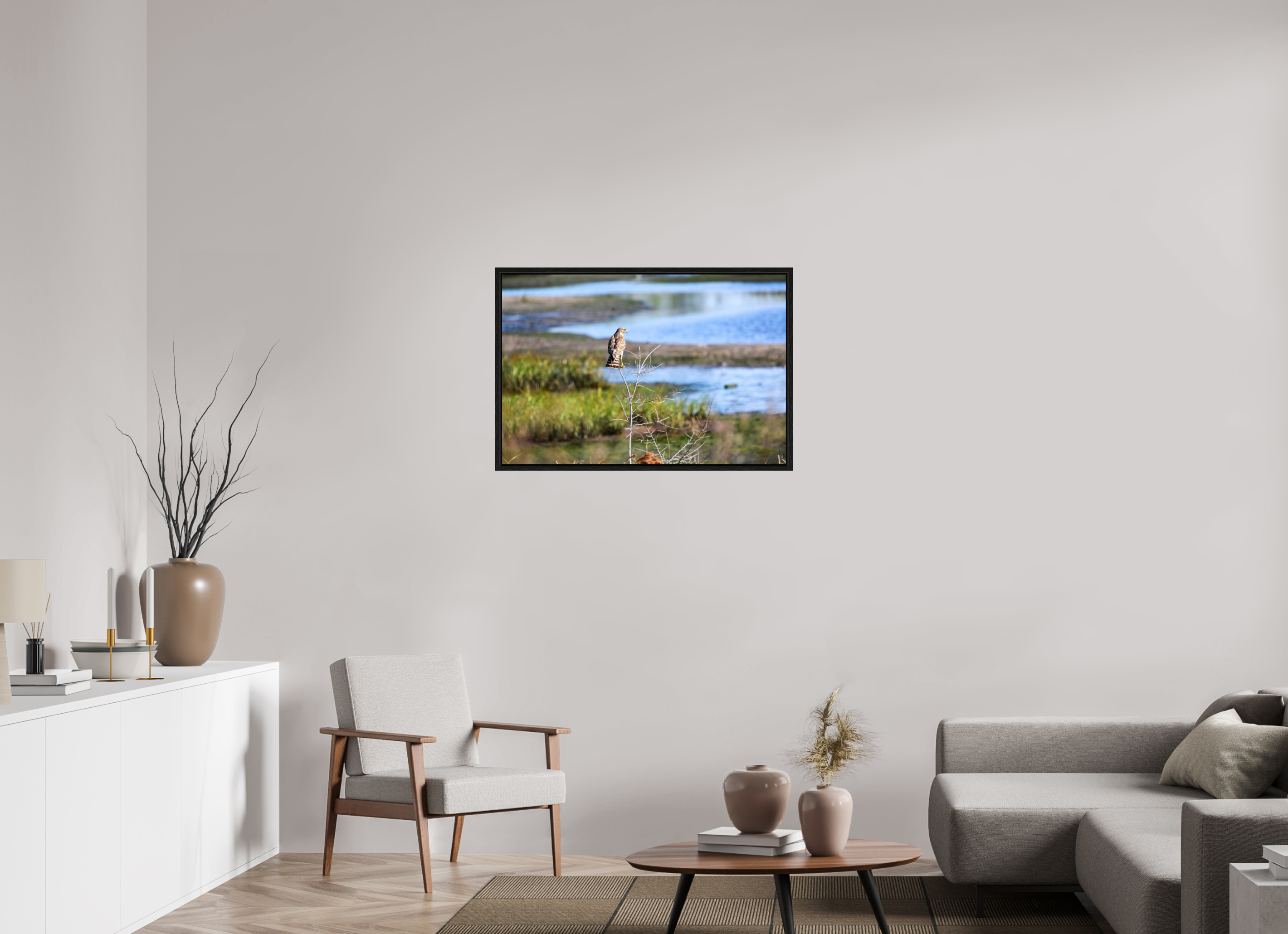 36 x 24″, Floater Frame, Basel 0.6", Black Oak, Glossy Acrylic Glass Guardian of the Marsh