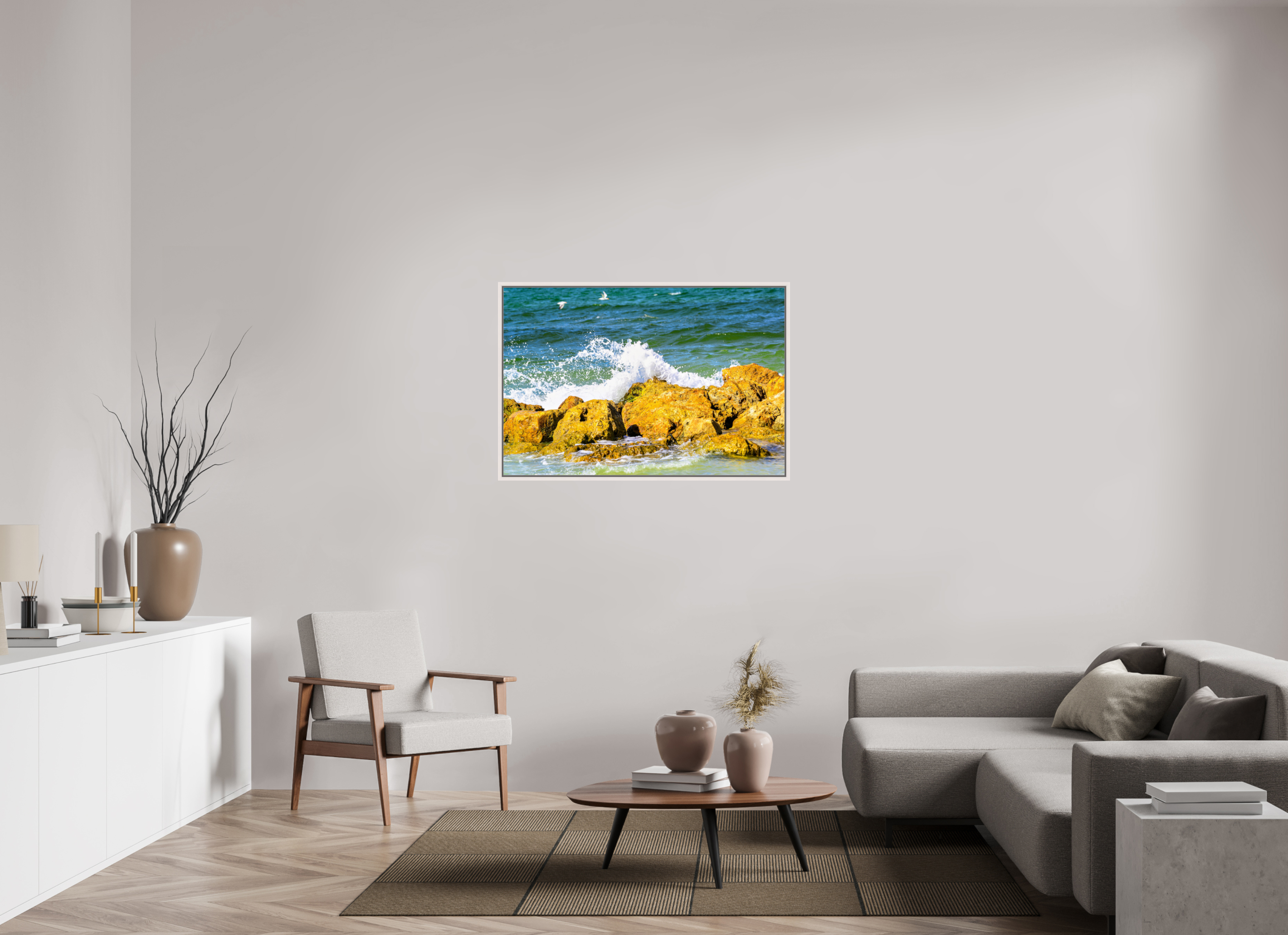 45 x 30″, Floater Frame, Basel 0.6", Maple White, Glossy Acrylic Glass Waves Breaking