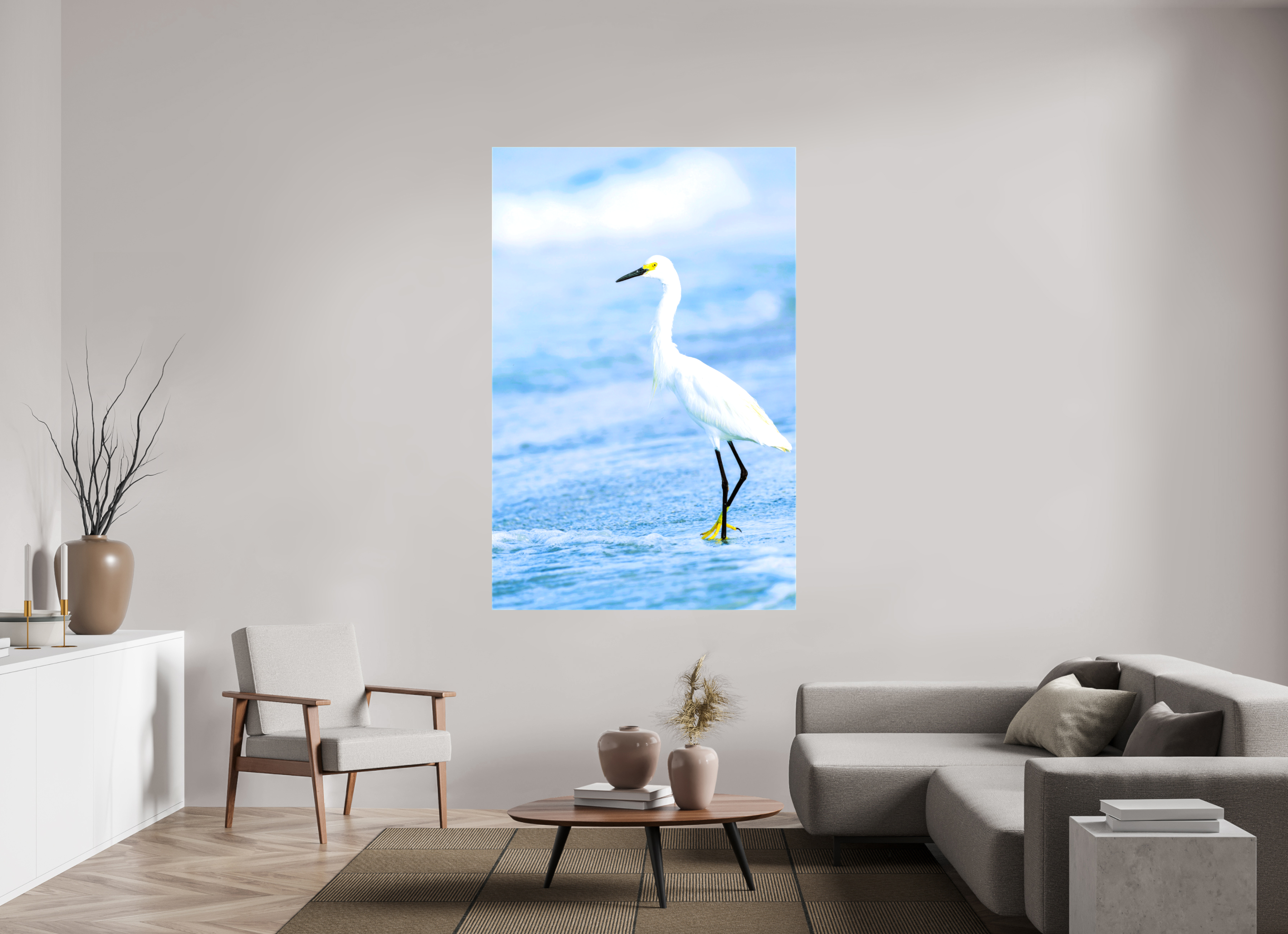47 x 71.7″, Glossy Canvas on Stretcher Frame, 1,57" Wrapped Snowy Egret in Azure