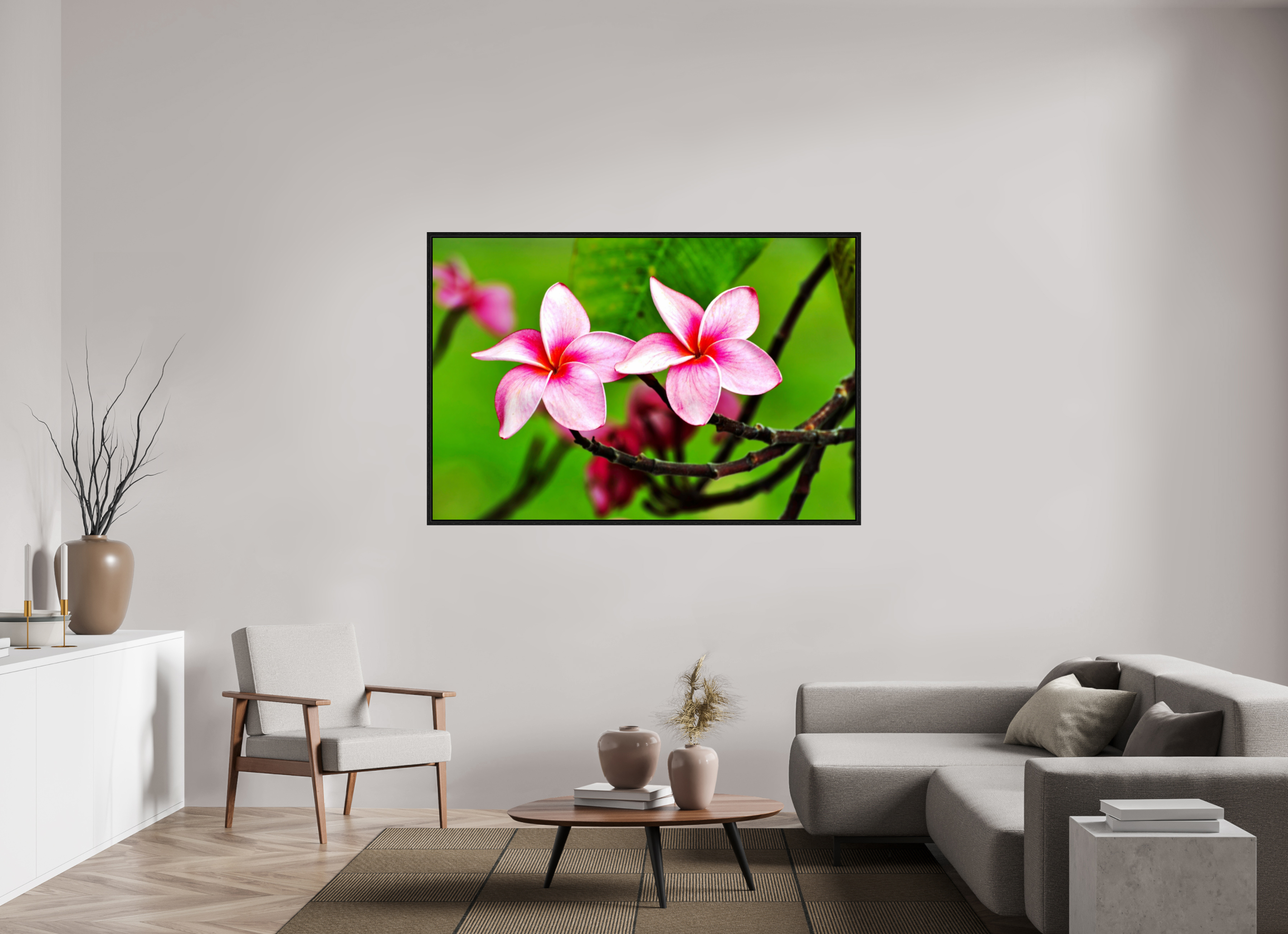 66 x 44″, Floater Frame, Basel 0.6", Black Oak, Glossy Acrylic Glass Pink Plumeria Rubra (Frangipani)