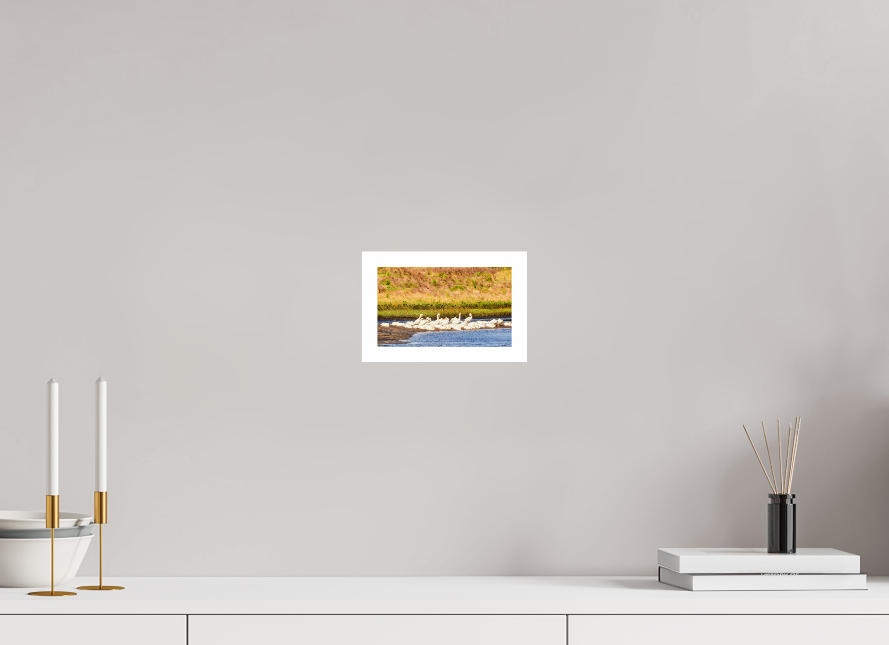 6.8 x 4″, Hahnemühle FineArt Pearl Print, .79" white border White Pelicans Golden Hour Gathering