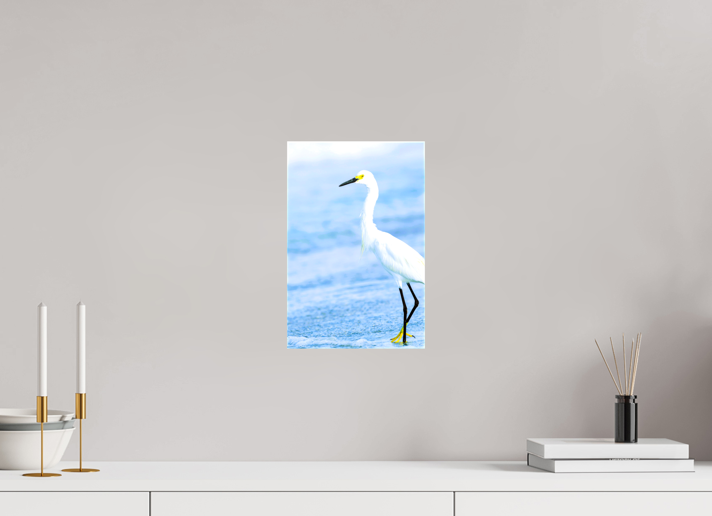 8 x 12.2″, Glossy Canvas on Stretcher Frame, 1,57" Wrapped Snowy Egret in Azure