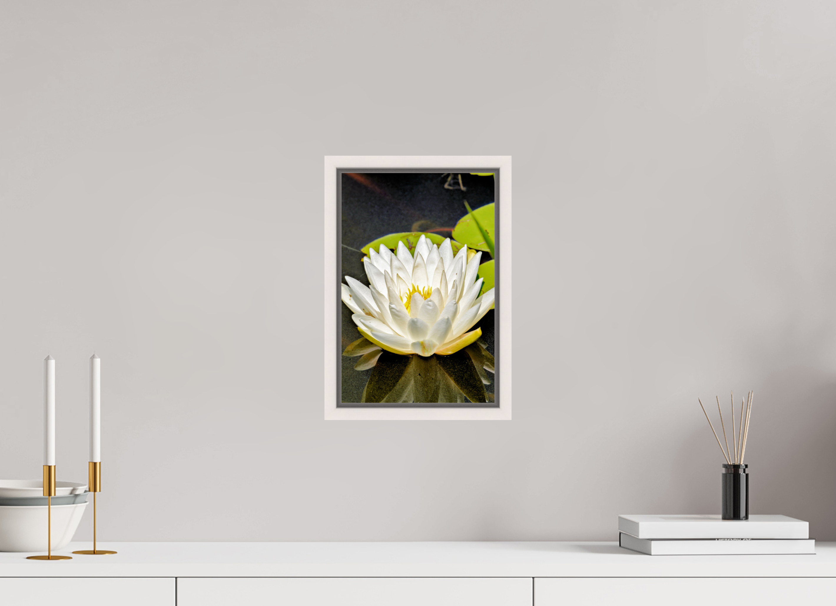 8 x 12″, Floater Frame, Basel 0.6", Maple White, Glossy Acrylic Glass The White Water Lily