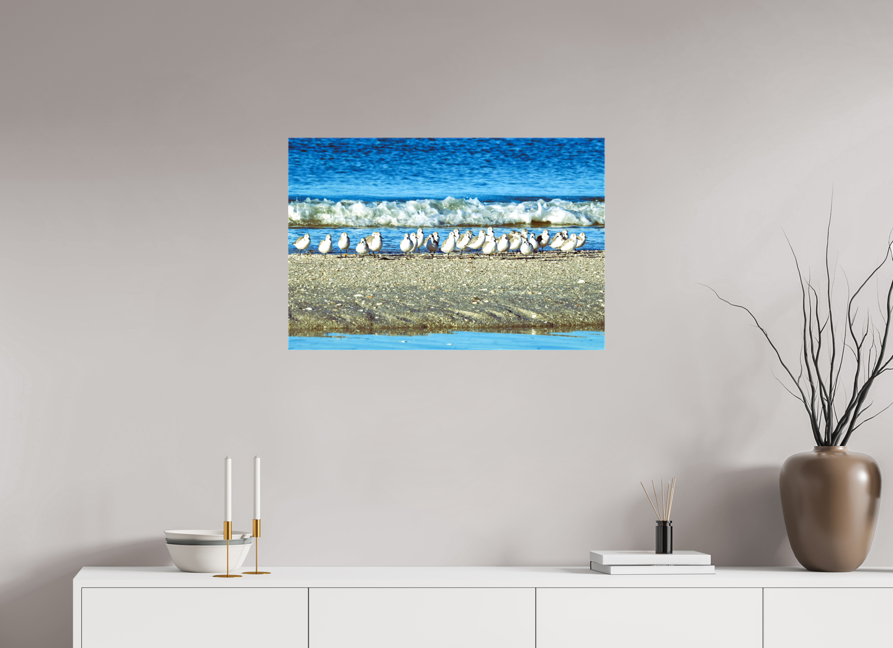 30 x 20″, Glossy Canvas on Stretcher Frame, 1,57" Wrapped Sanderlings on Standby