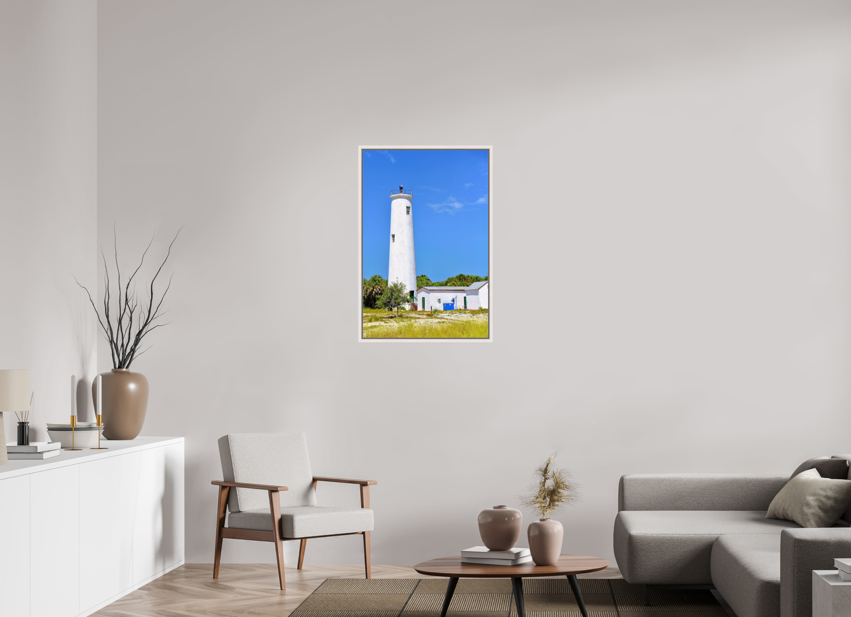 24 x 36″, Floater Frame, Basel 0.6", Maple White, Glossy Acrylic Glass Egmont Key Lighthouse