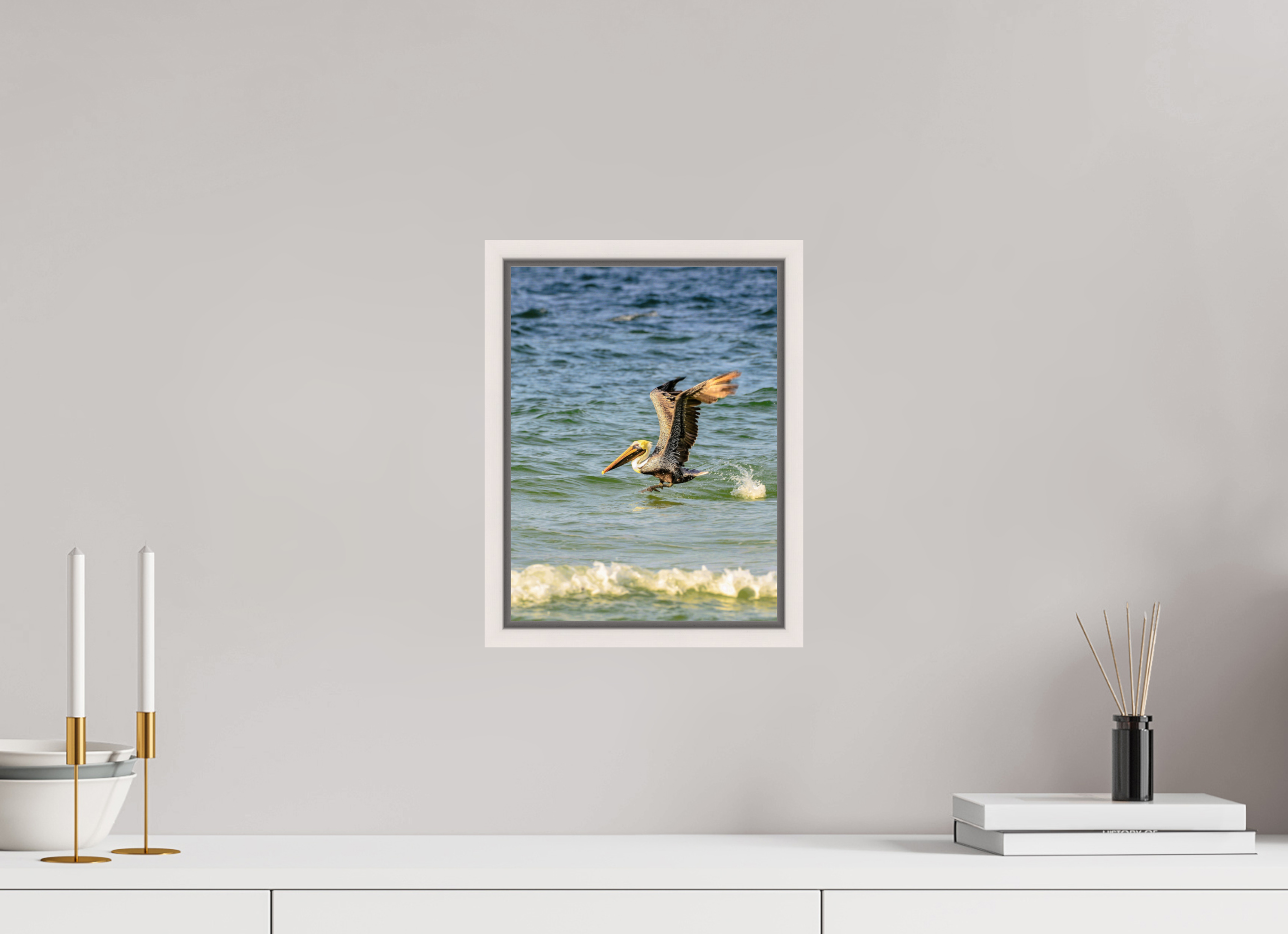 9 x 12″, Floater Frame, Basel 0.6", Maple White, Glossy Acrylic Glass Pelican in Flight