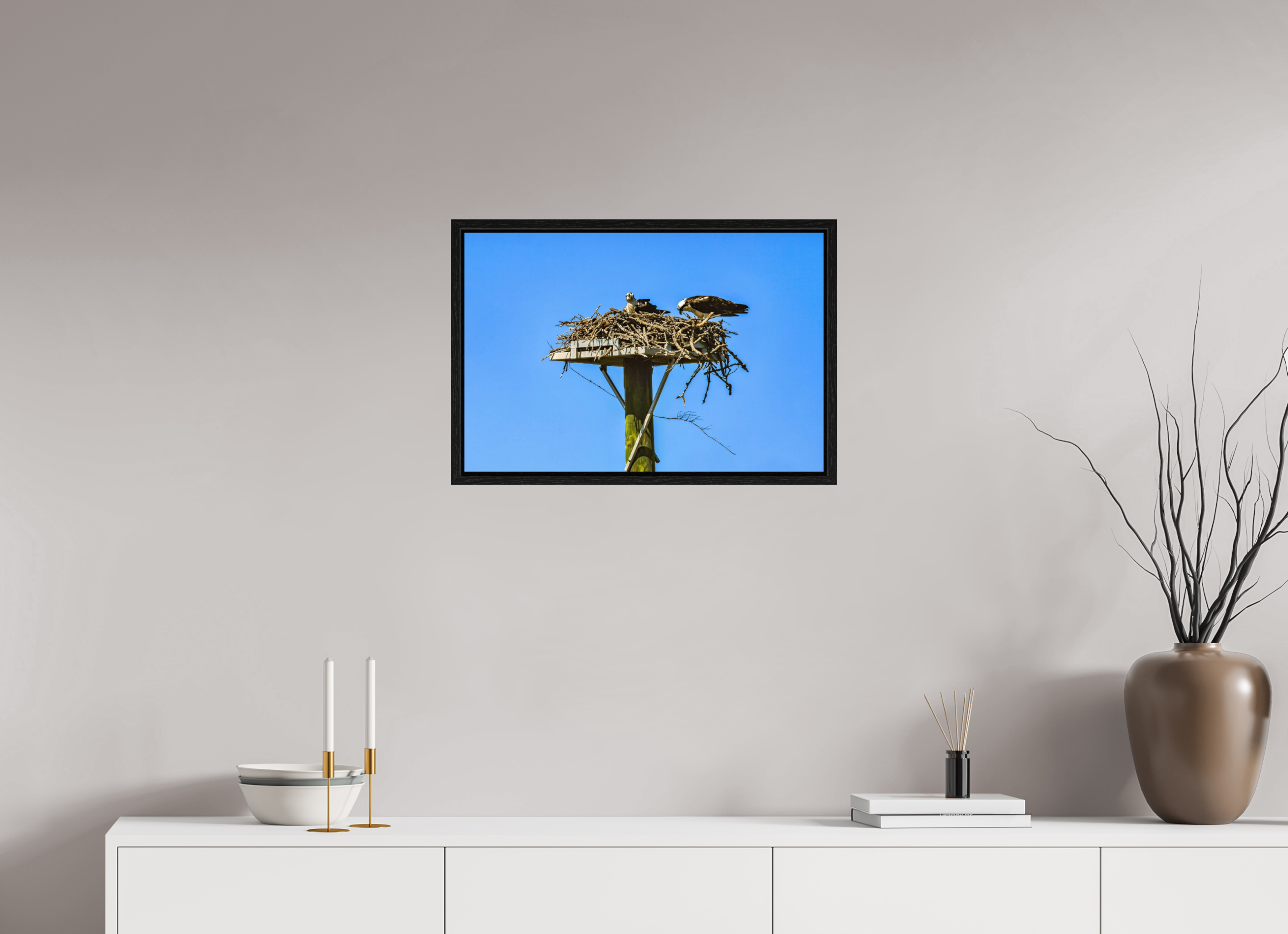24 x 16″, Floater Frame, Basel 0.6", Black Oak, Glossy Acrylic Glass Osprey Outlook