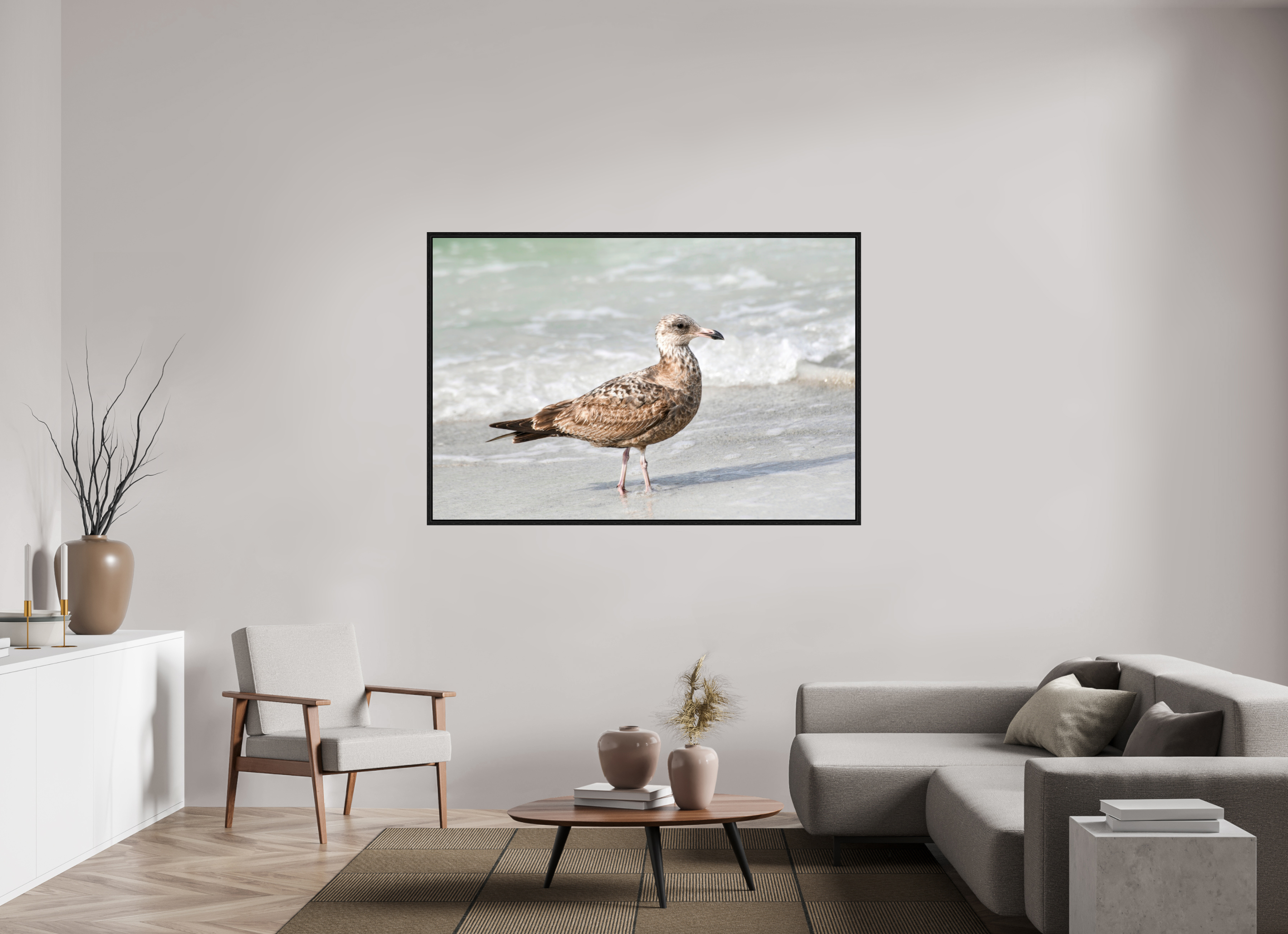 66 x 44″, Floater Frame, Basel 0.6", Black Oak, Glossy Acrylic Glass The Young Explorer: Immature American Herring Gull
