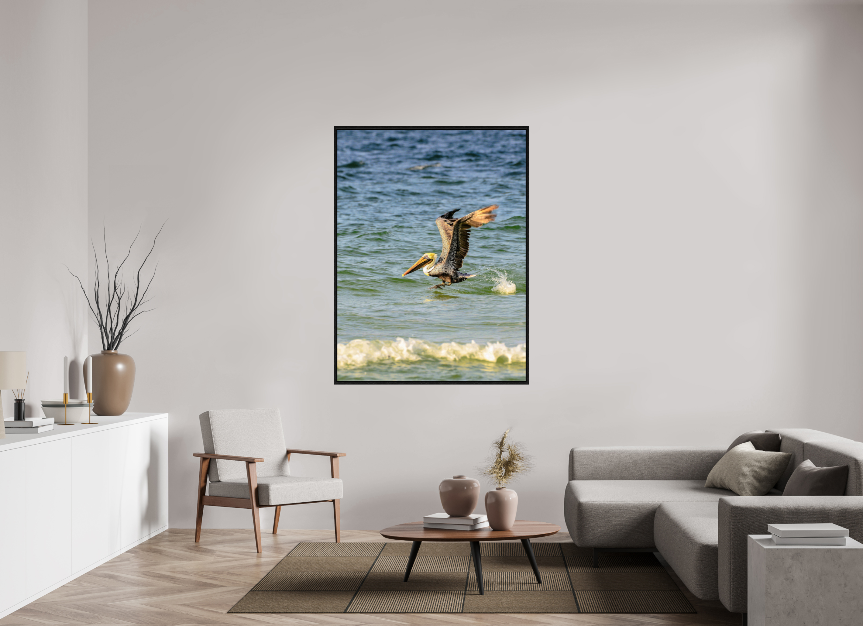 45 x 60″, Floater Frame Pelican in Flight