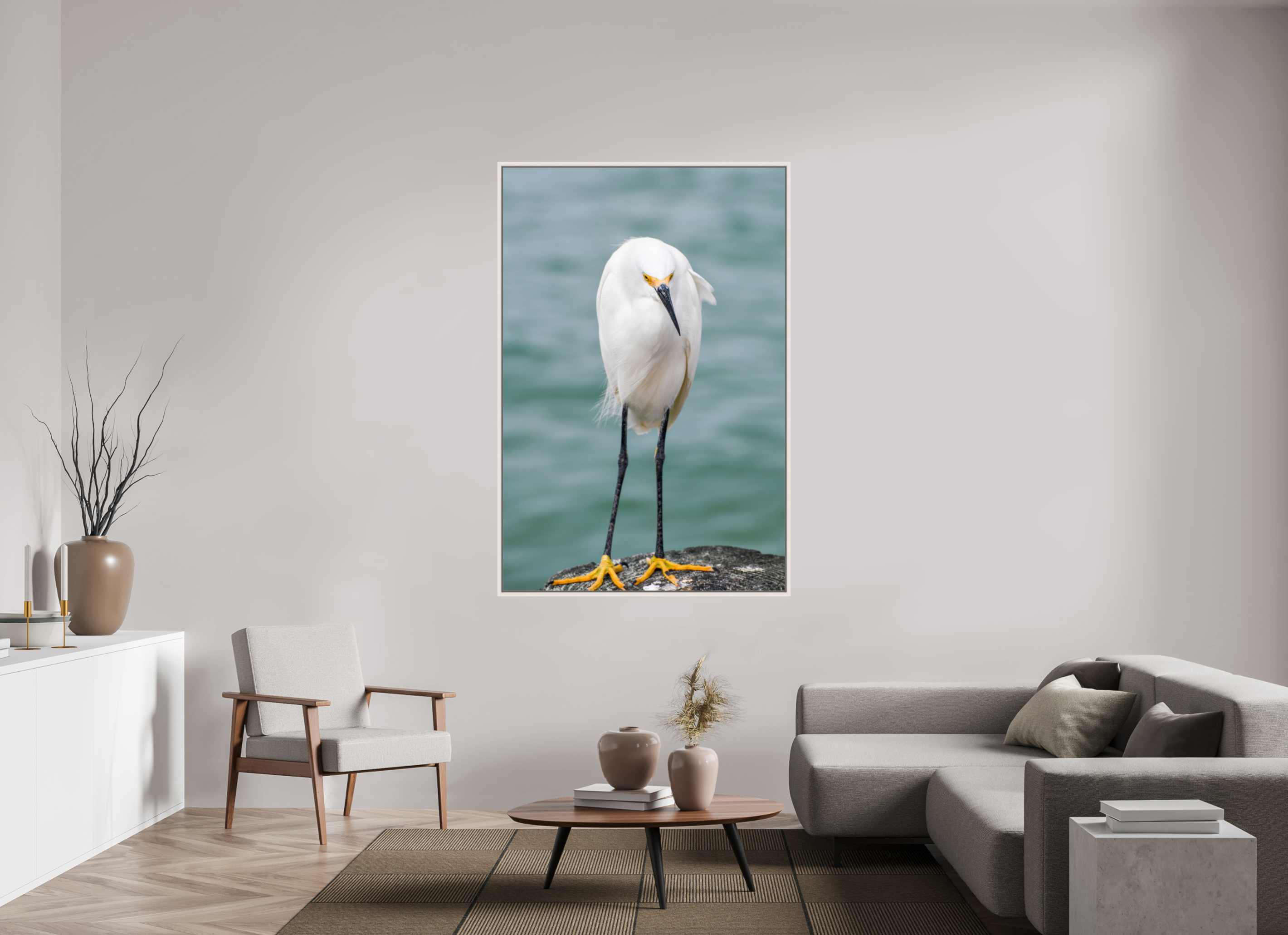 44 x 66″, Floater Frame, Basel 0.6", Maple White, Glossy Acrylic Glass The Patient Hunter