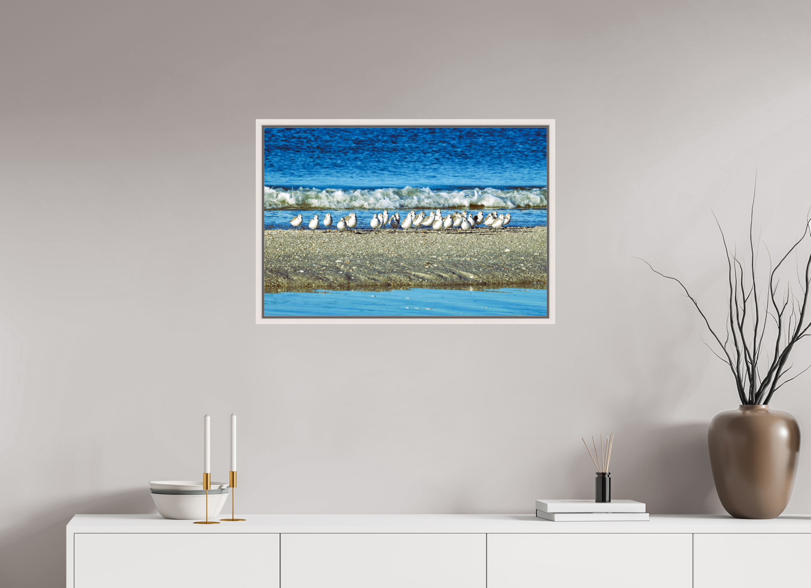 30 x 20″, Floater Frame, Basel 0.6", Maple White, Glossy Acrylic Glass Sanderlings on Standby